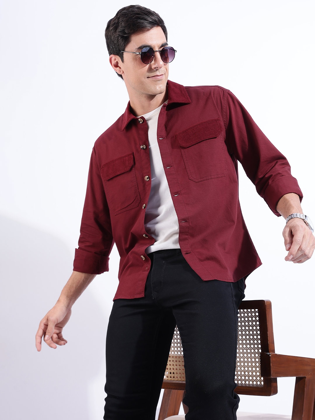 

HERE&NOW Men Spread Collar Solid Cotton Casual Shirt, Maroon