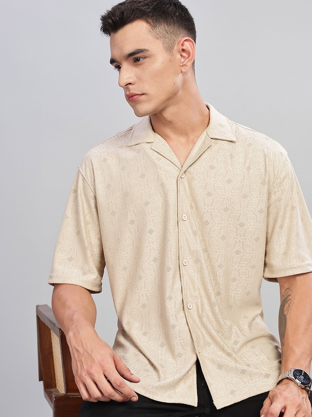 

HERE&NOW Men Relaxed Fit Cuban Collar Textured Casual Shirt, Beige