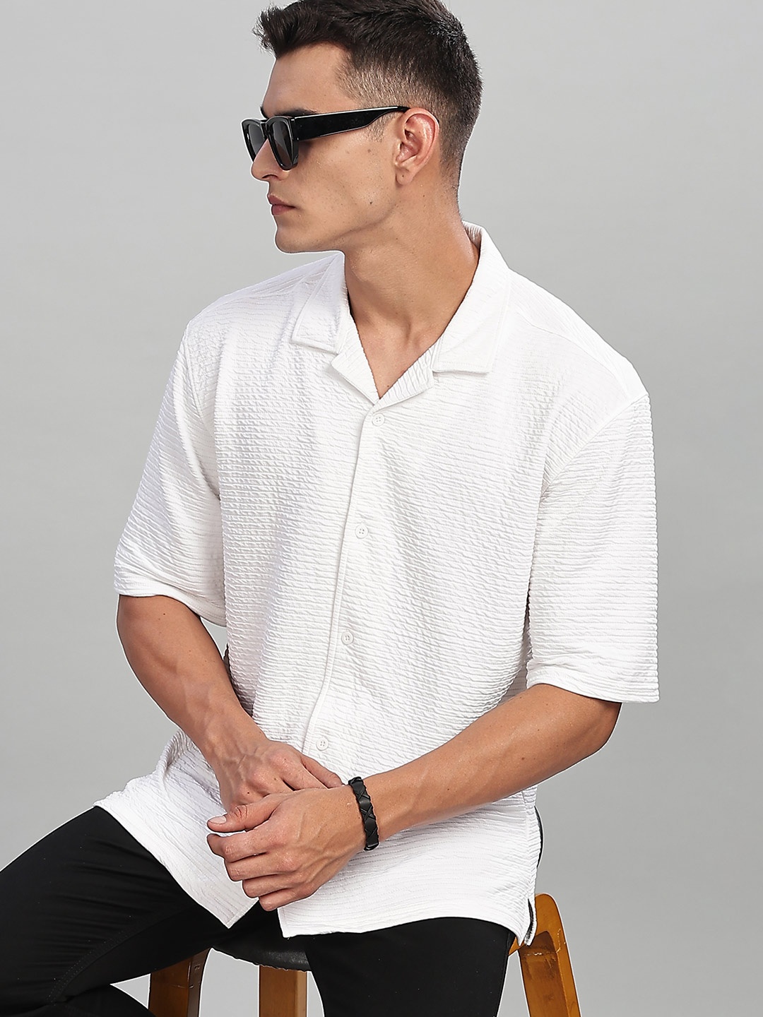 

HERE&NOW Men Relaxed Fit Cuban Collar Textured Casual Shirt, White