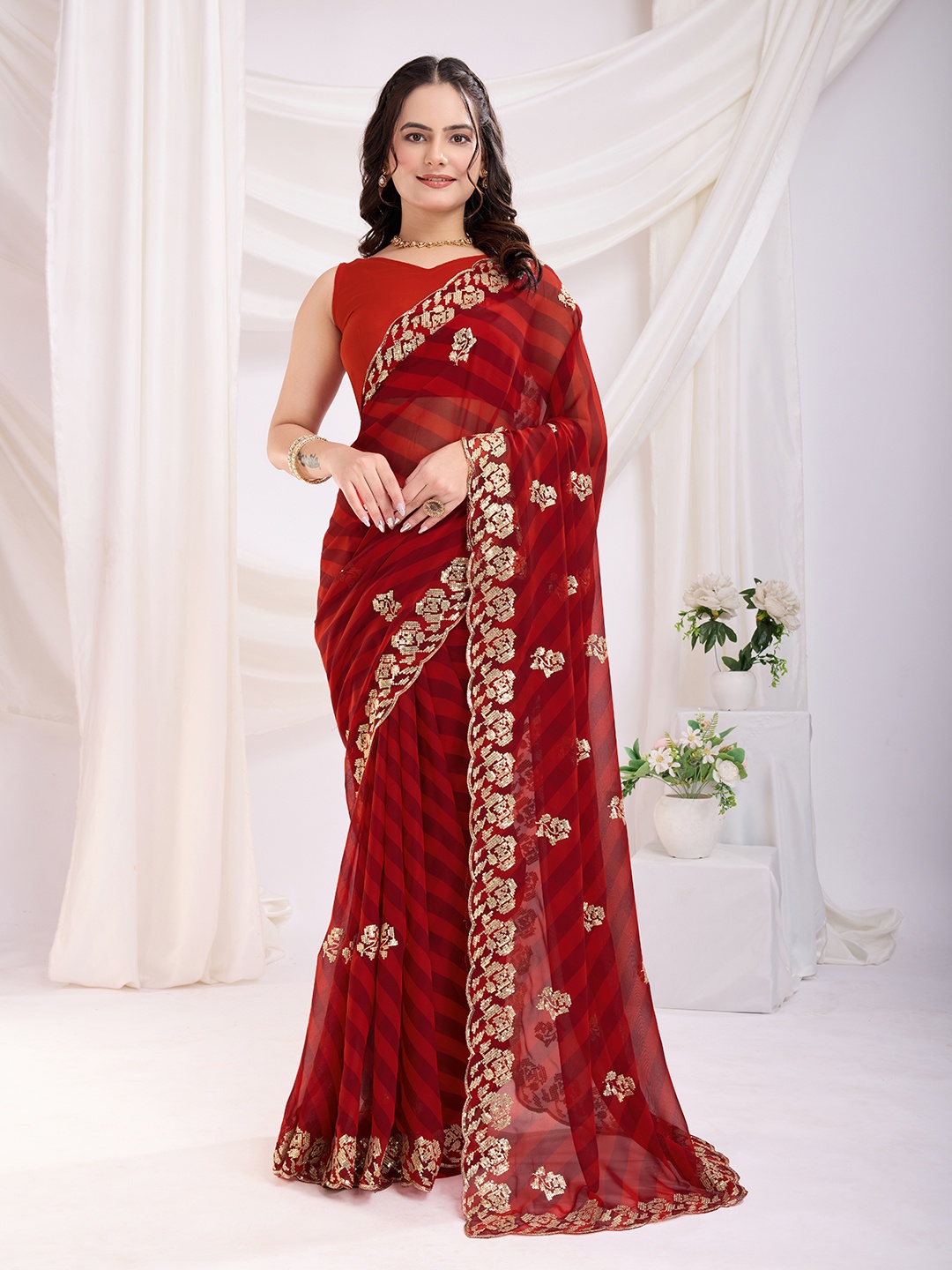 

HERE&NOW Striped Sequinned Embroidered Saree, Maroon