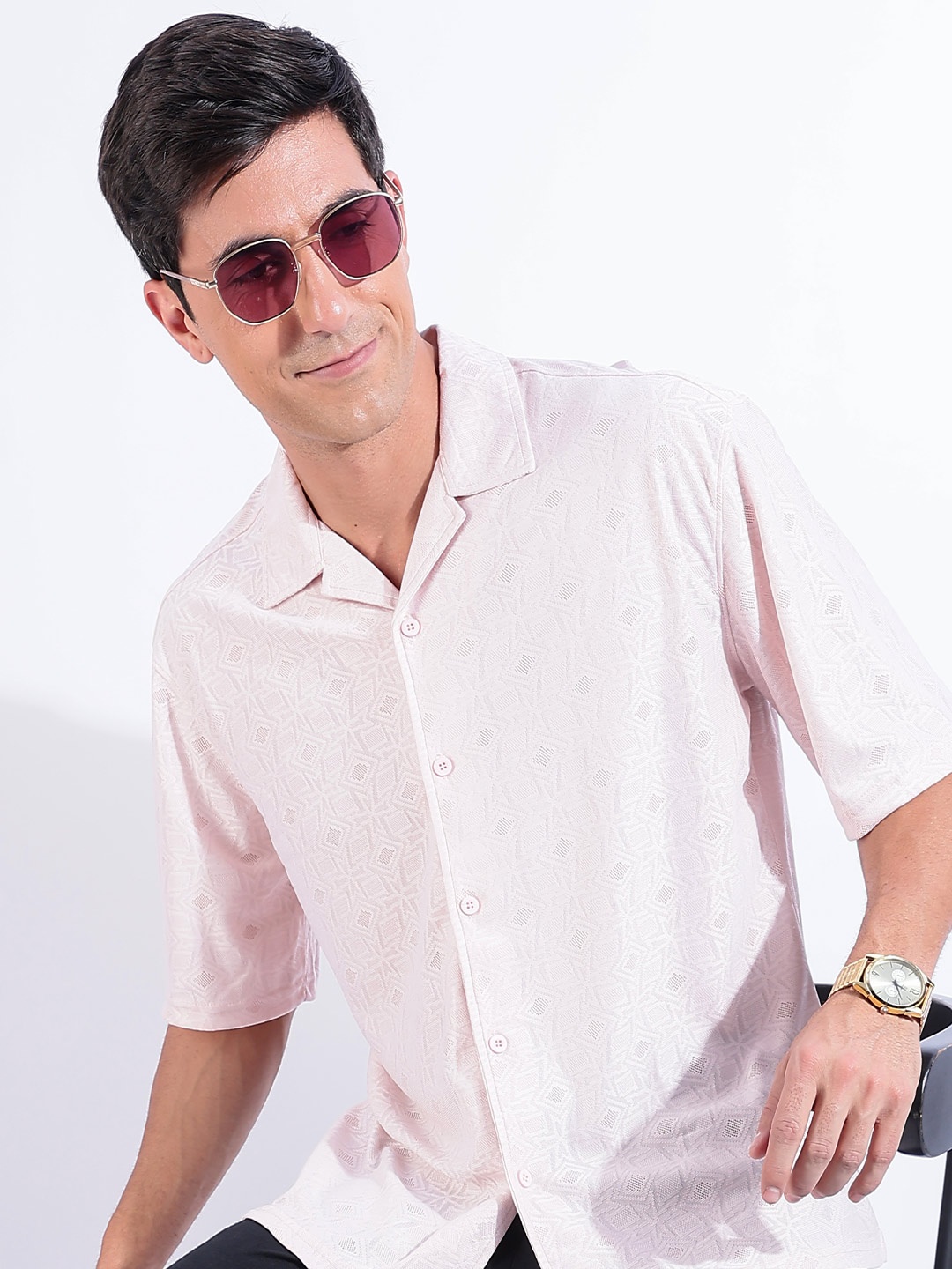 

HERE&NOW Men Relaxed Fit Cuban Collar Textured Casual Shirt, Peach