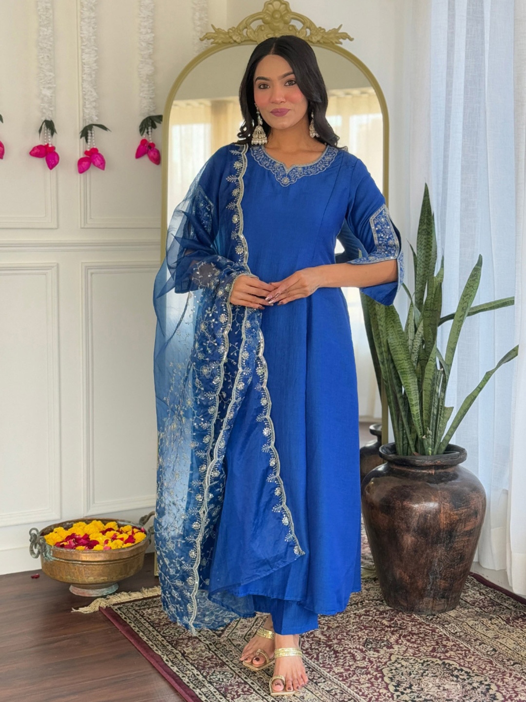 

KALINI Thread Work Notch Neck A-Line Kurta With Trousers And Dupatta, Blue