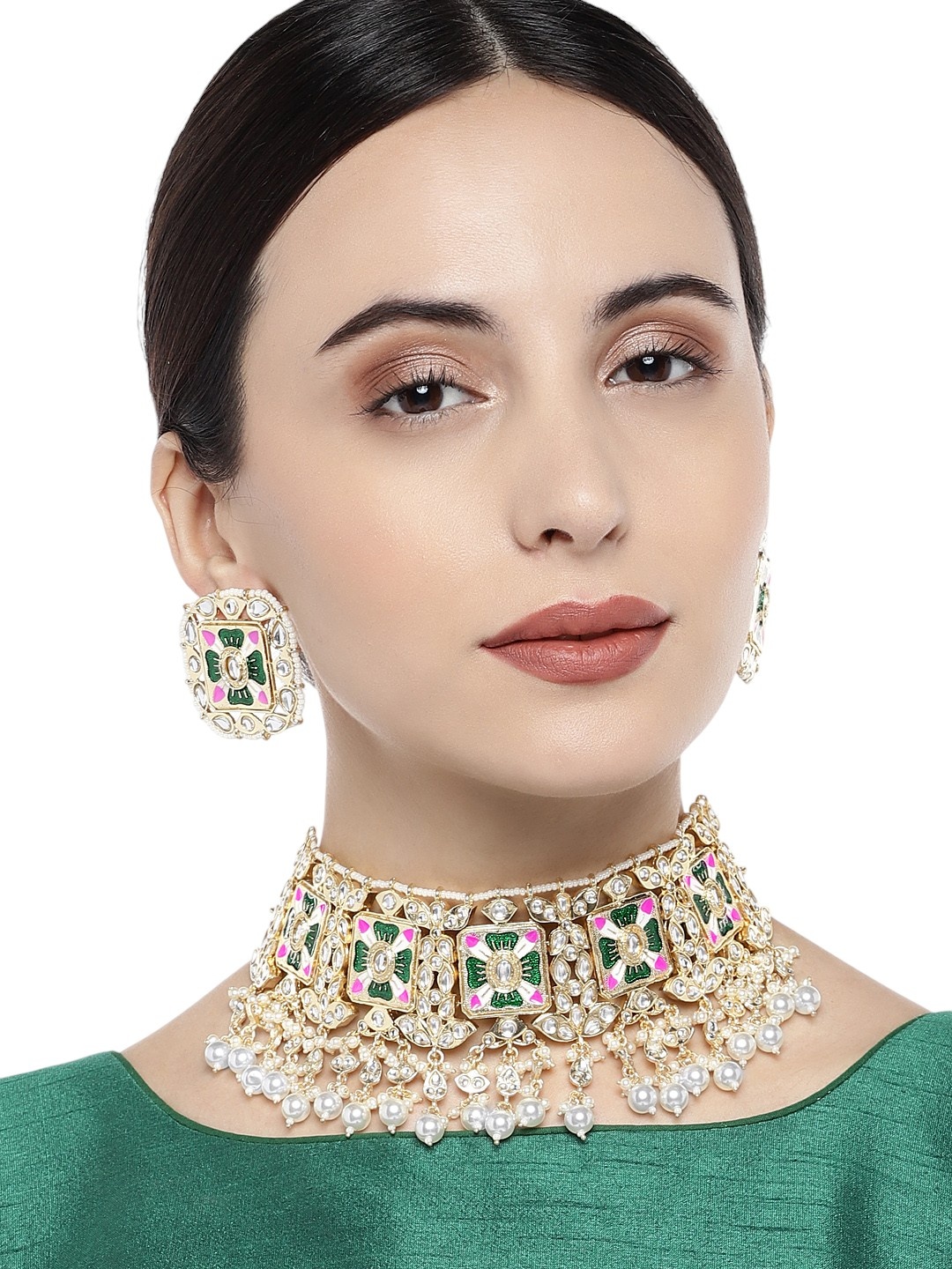 

Anouk Gold-Plated And Green Kundan-Studded & Beaded Meenakari Choker Necklace & Earrings