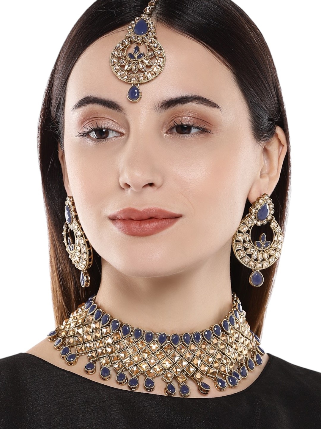 

Anouk Gold-Plated And Blue Artificial Stone Studded And Beaded Necklace And Earrings