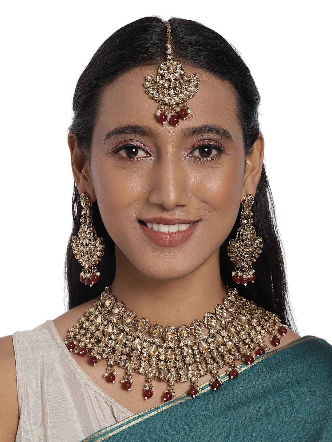 

Anouk Gold-Plated & Red Rhinestone Studded & Beaded Necklace & Earrings With Maang Tikka