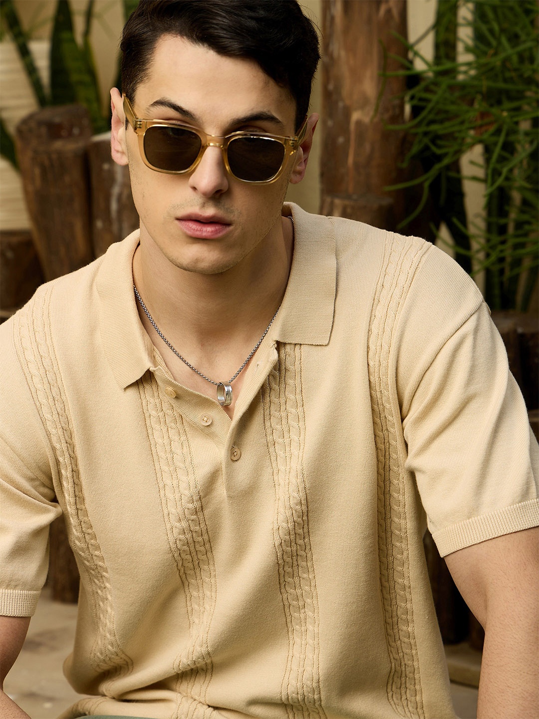 DENNISON Men Oversized Polo Collar Knitted T-Shirt, Cream