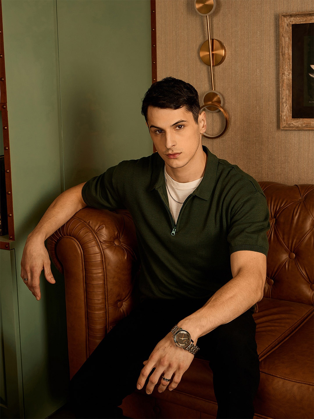 DENNISON Men Oversized Polo Collar Knitted T-Shirt, Olive