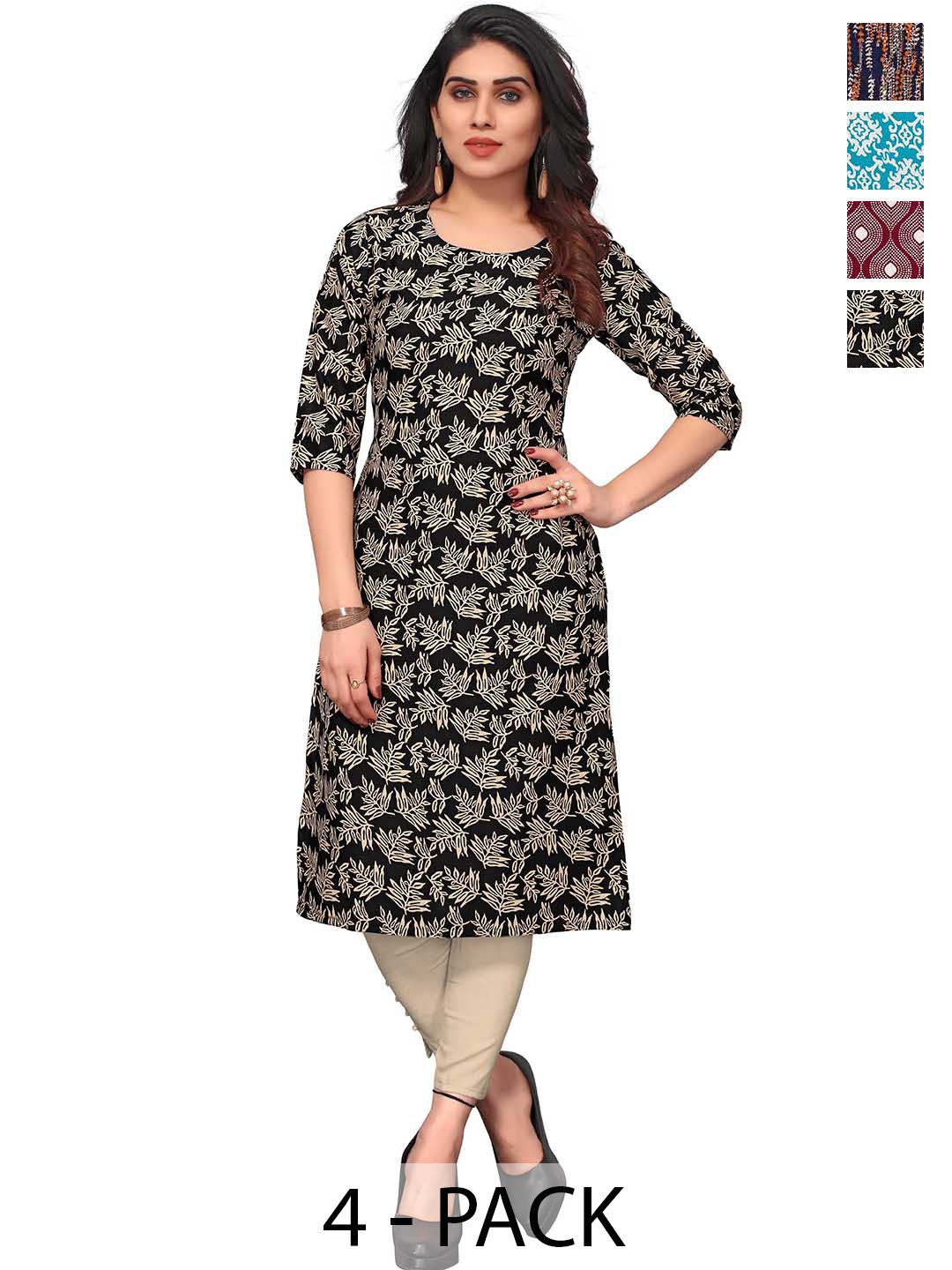 

KETAKI FASHION Selection Of 4 Floral Printed Round Neck Straight Kurtas, Black