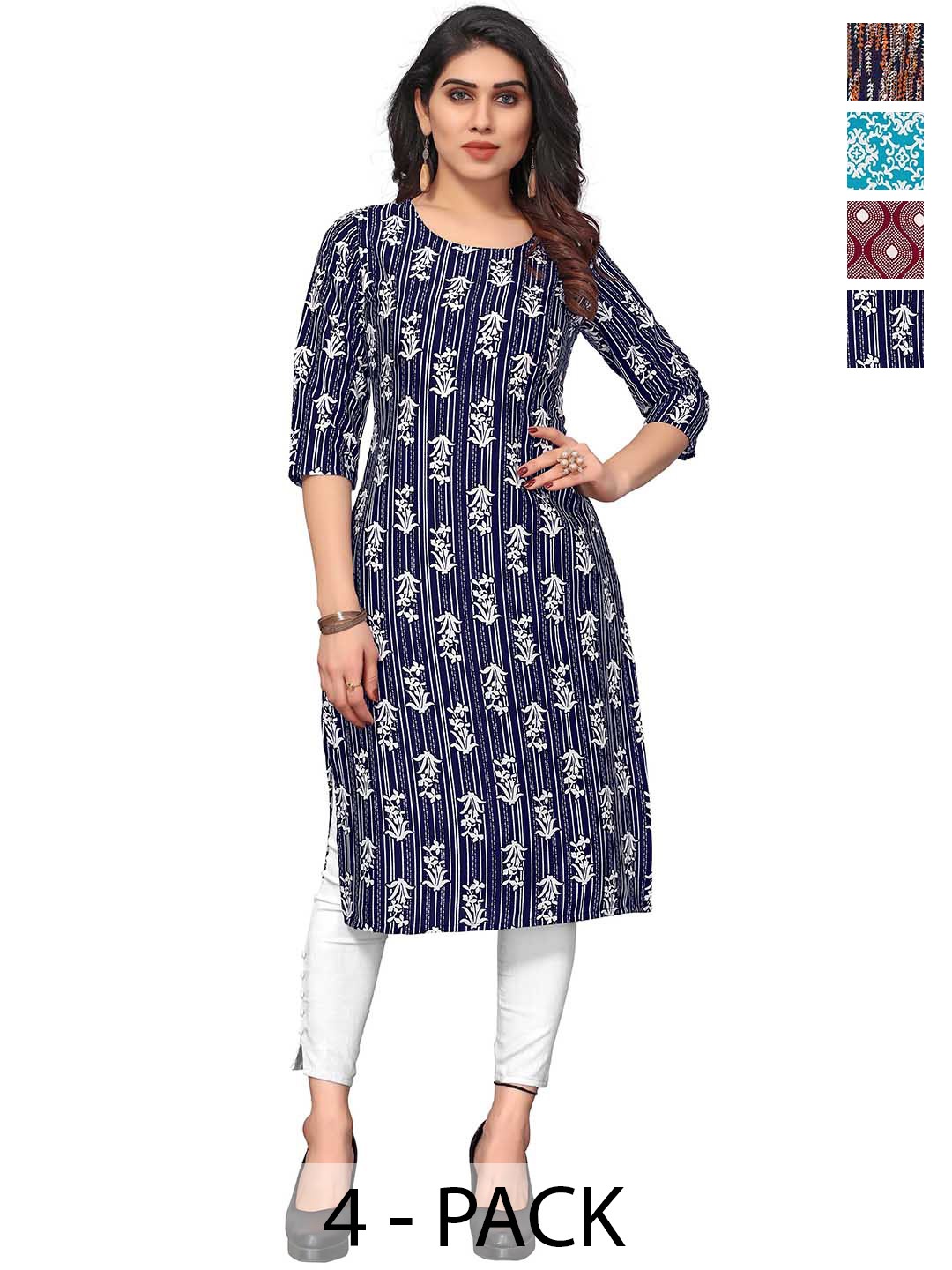

KETAKI FASHION Selection Of 4 Floral Printed Straight Kurtas, Blue