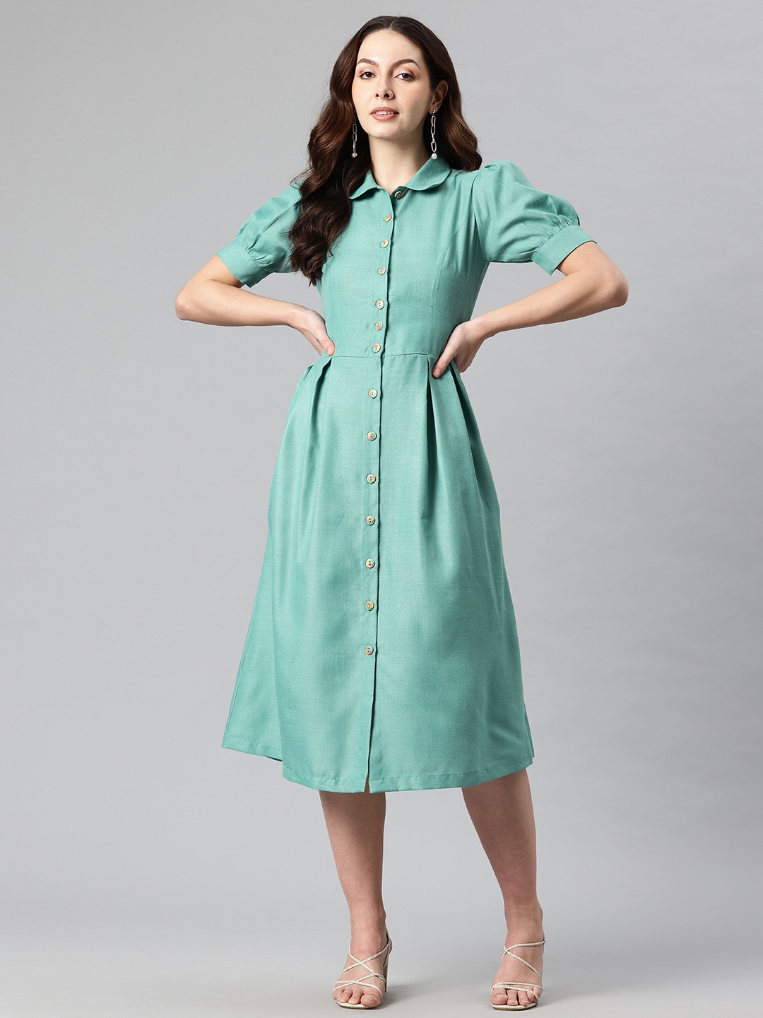 

Cottinfab Puff Sleeve Shirt Midi Dress, Sea green