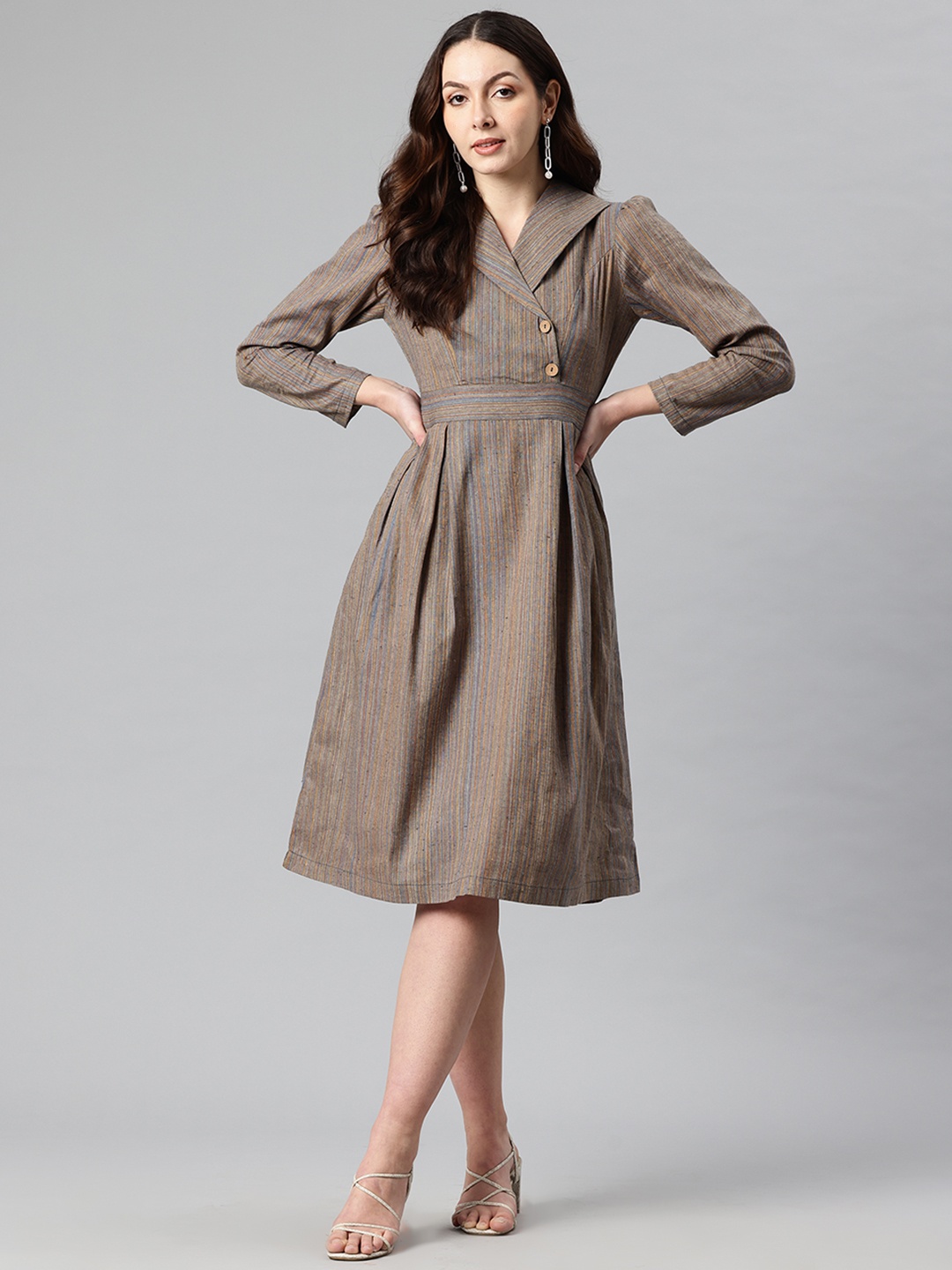 

Cottinfab Striped Lapel Collar Puff Sleeve Midi Blazer Dress with Tie Up Detail, Taupe