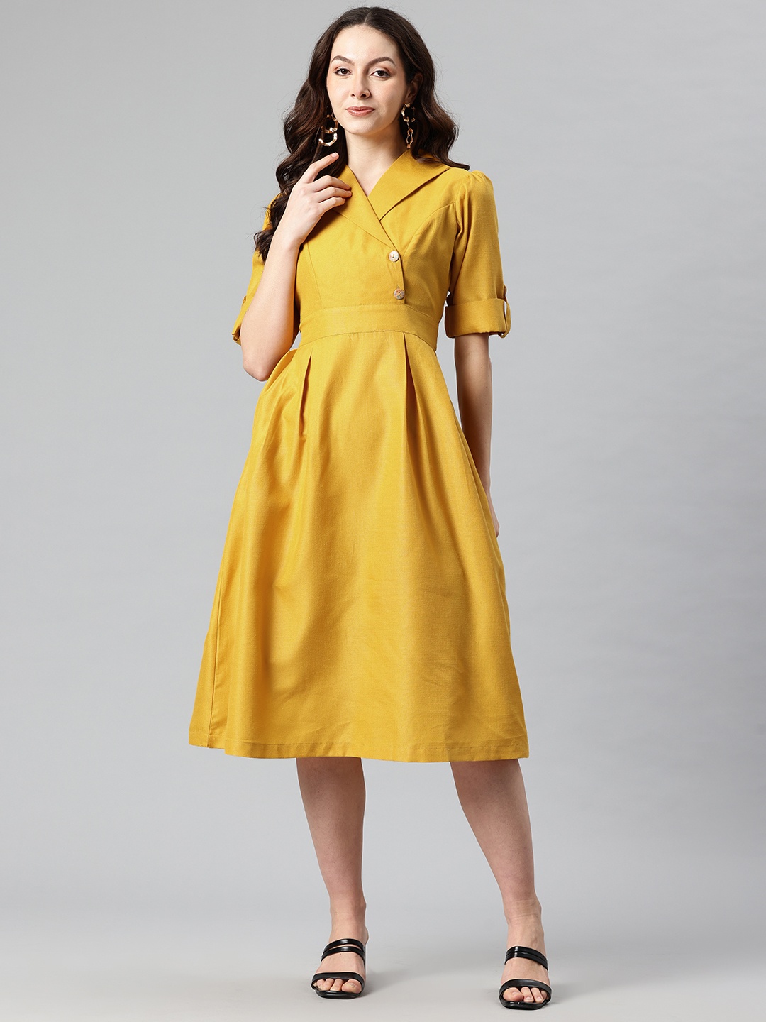 

Cottinfab Solid Lapel Collar Roll Up Sleeves Midi Blazer Dress with Tie Up Detail, Mustard