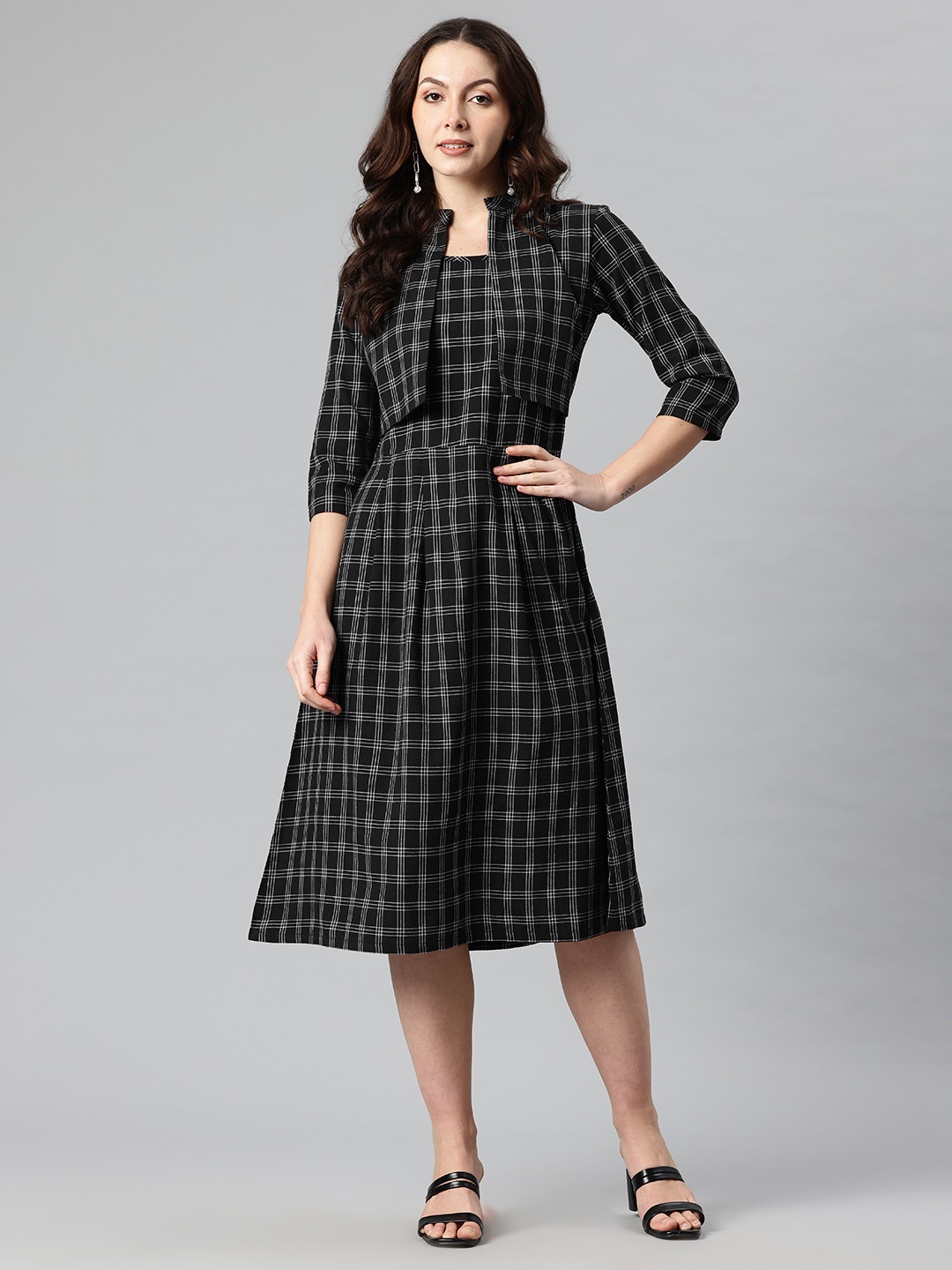 

Cottinfab Checked Fit & Flare Midi Dress with Attached Jacket, Black