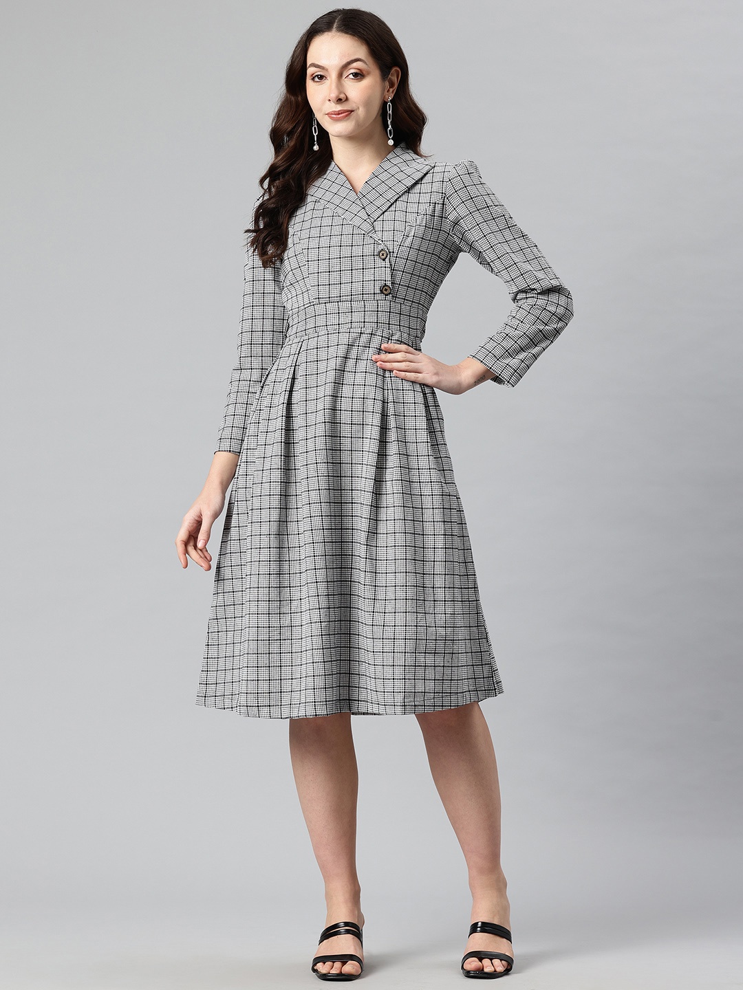 

Cottinfab Glen Checked Lapel Collar Midi Blazer Dress with Tie Up Detail, Black