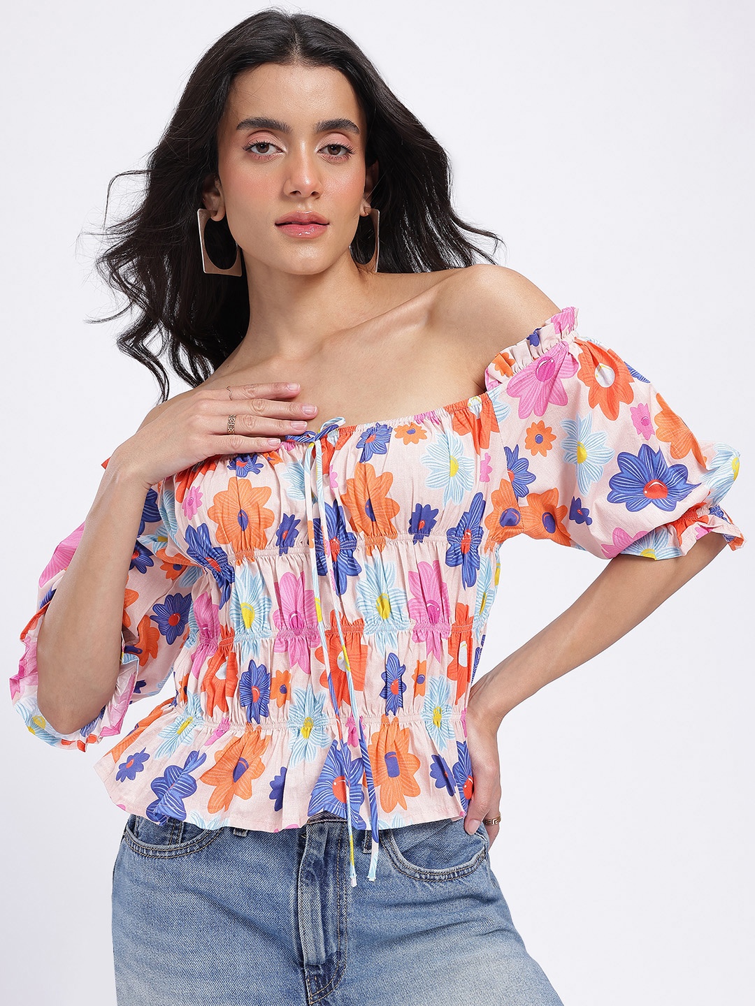 

glitchez Dreamy Florals Print Ruched Effect Off-Shoulder Pure Cotton Bardot Top, Peach