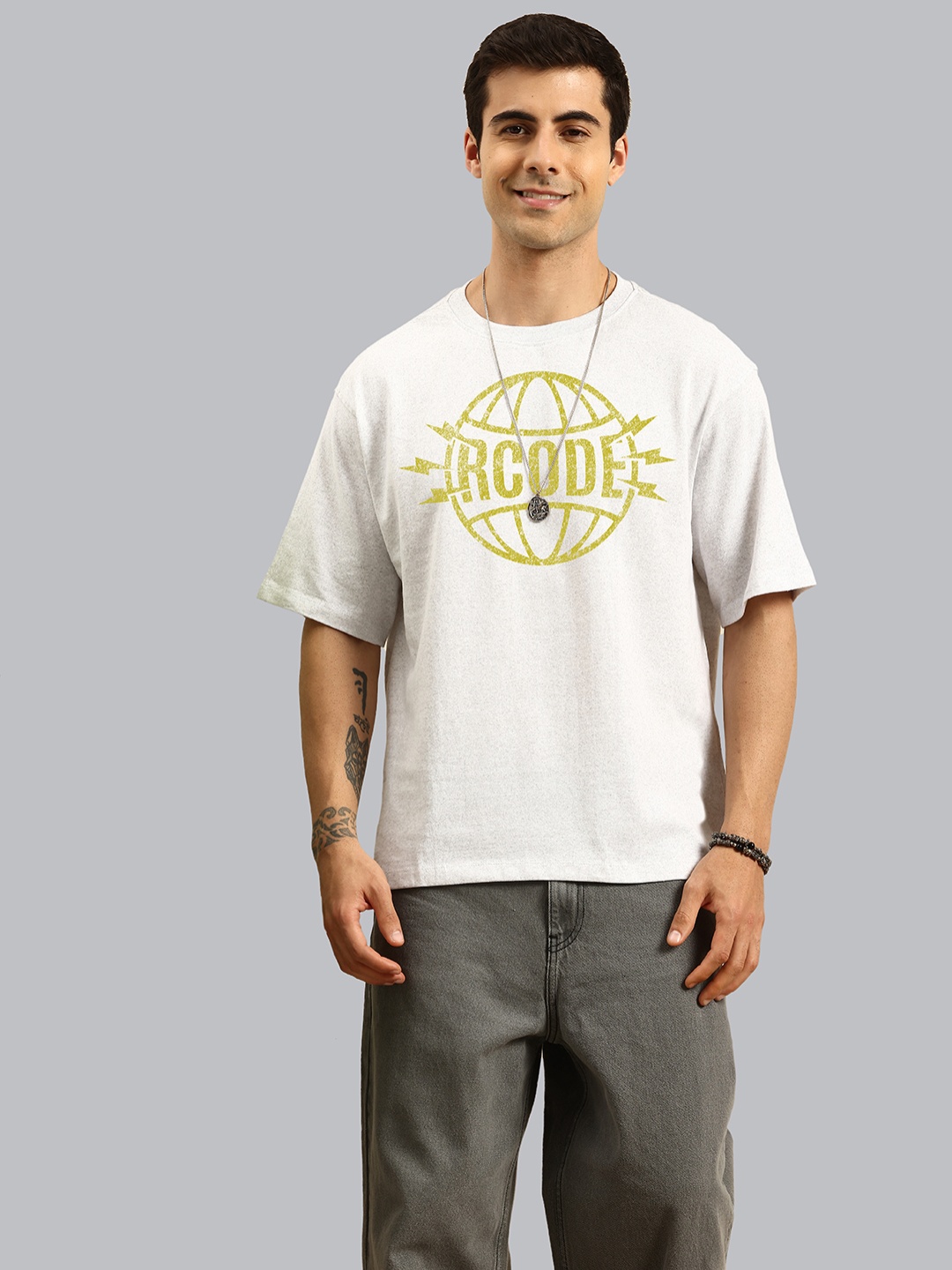 

R.Code by The Roadster Life Co. Men Printed Raw Edge T-shirt, Silver