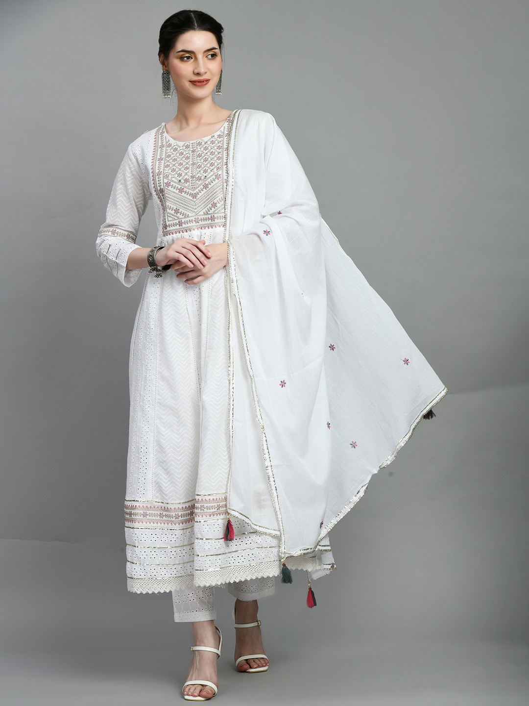 

all about you Women Yoke Design Angrakha Thread Work Pure Cotton Kurta with Trousers & With Dupatta, White