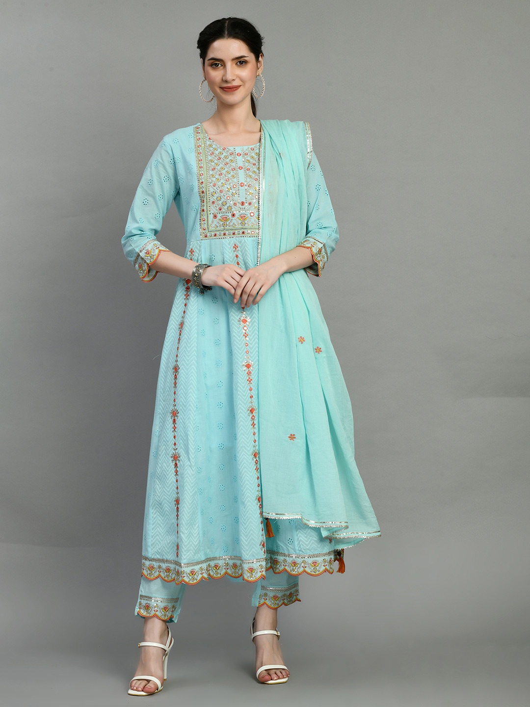 

all about you Embroidered Mirror Work Pure Cotton Anarkali Kurta with Trousers and Dupatta, Green
