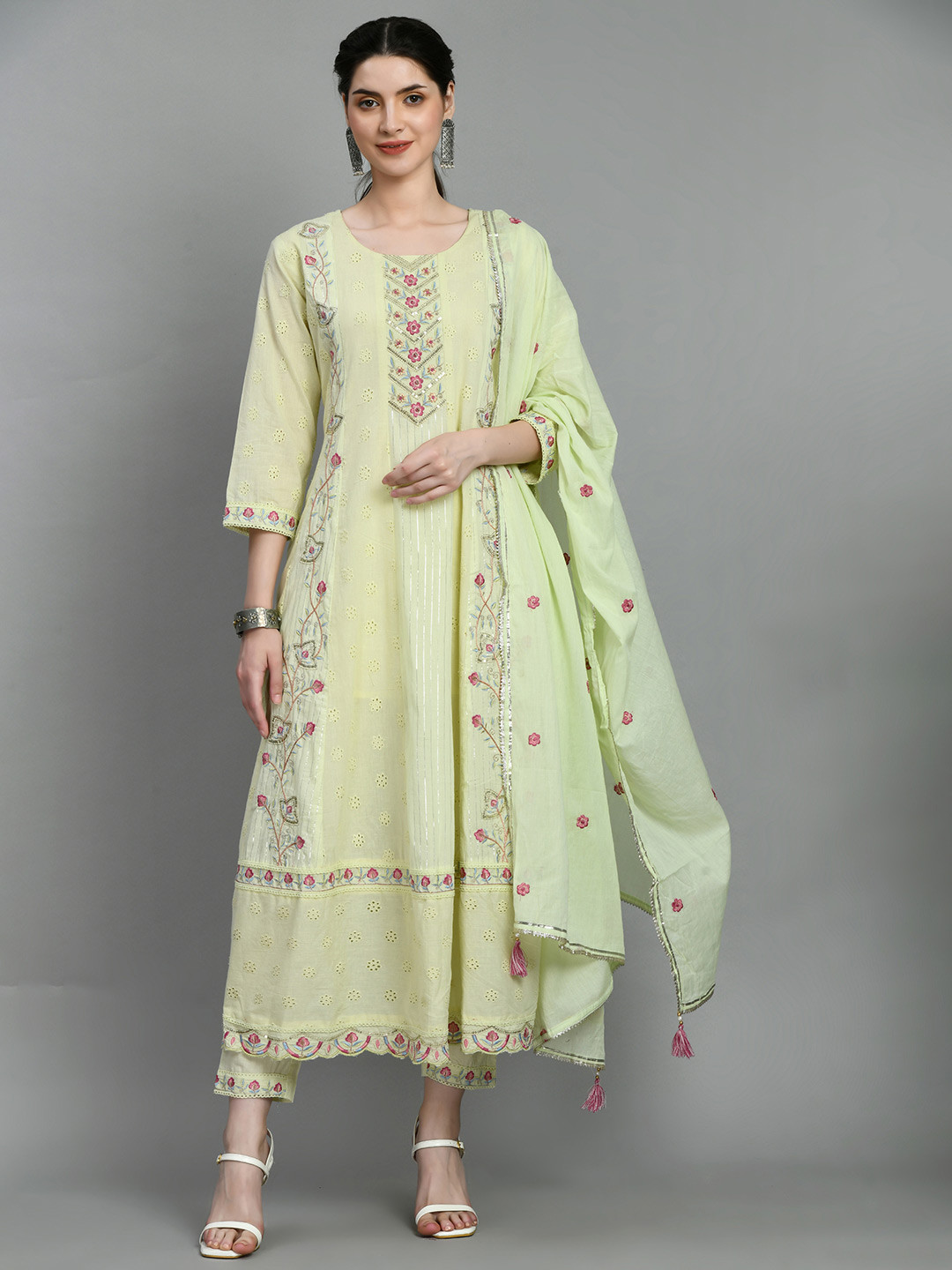 

all about you Embroidered Sequinned Pure Cotton Anarkali Kurta With Trousers & Dupatta, Lime green