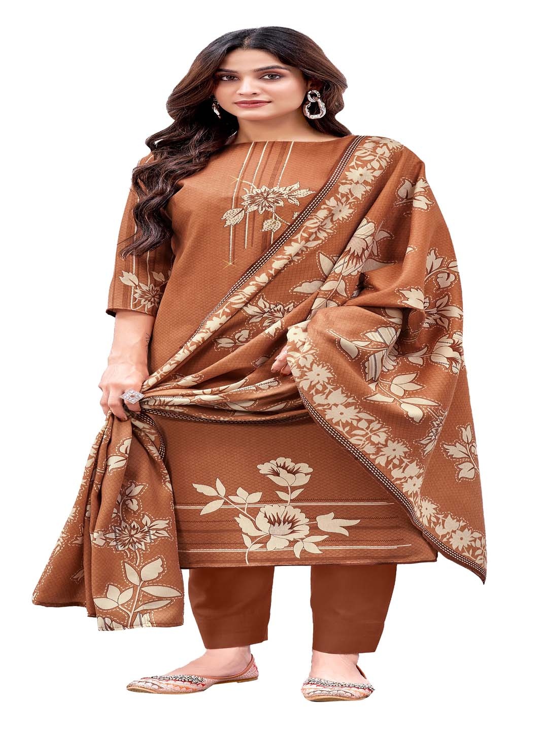 

DRAVINAM Trends Floral Printed Unstitched Dress Material, Beige