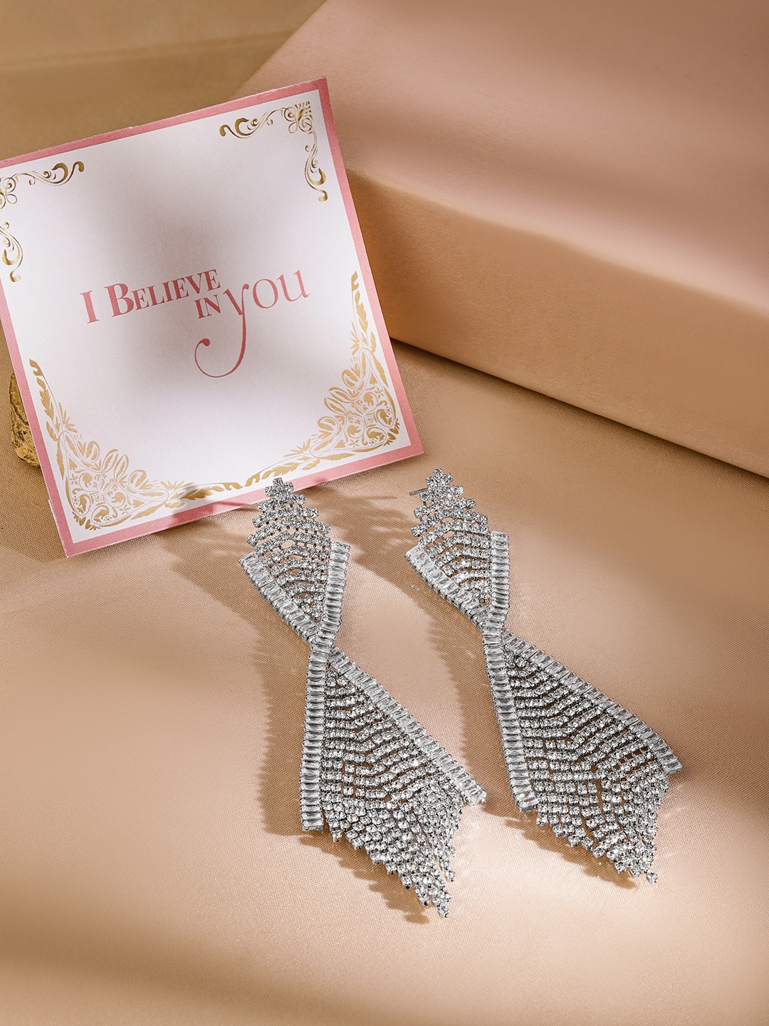 

Rubans Valentine's Rhodium-Plated Brass Crystal Studded Classic Drop Earrings, Silver