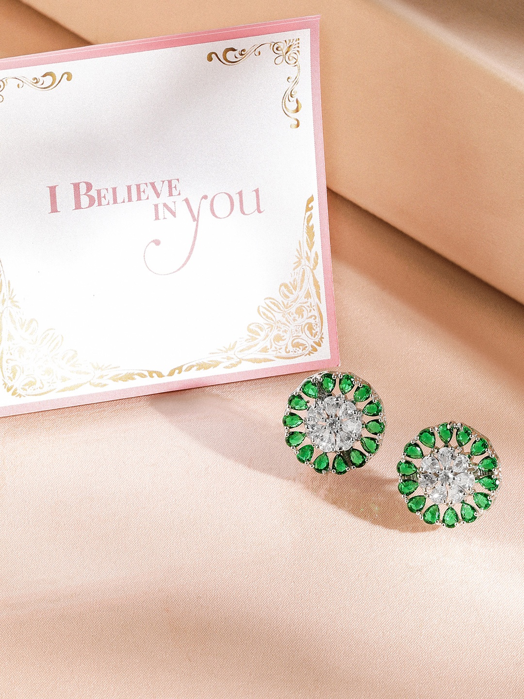 

Rubans Valentine's Rhodium-Plated Emerald & White Cubic Zicronia Circular Studs Earrings, Green