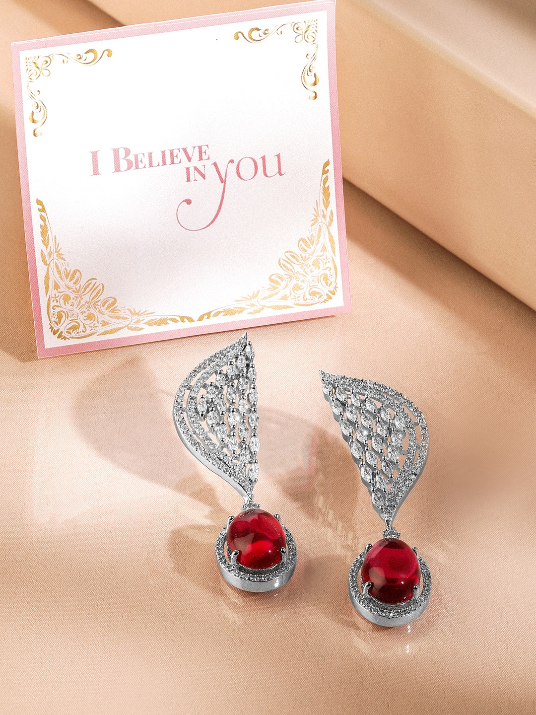 

Rubans Valentine's Silver-Plated Ruby & Cubic Zircon Studded Premium Drop Earrings