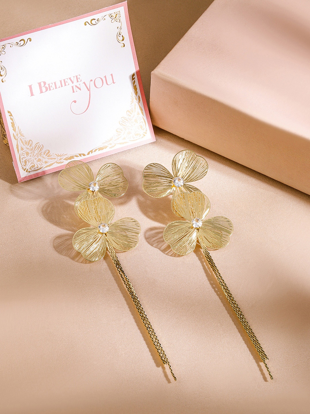 

Rubans Valentine's 22KT Brass Floral Chain Linked Drop Earrings, Gold