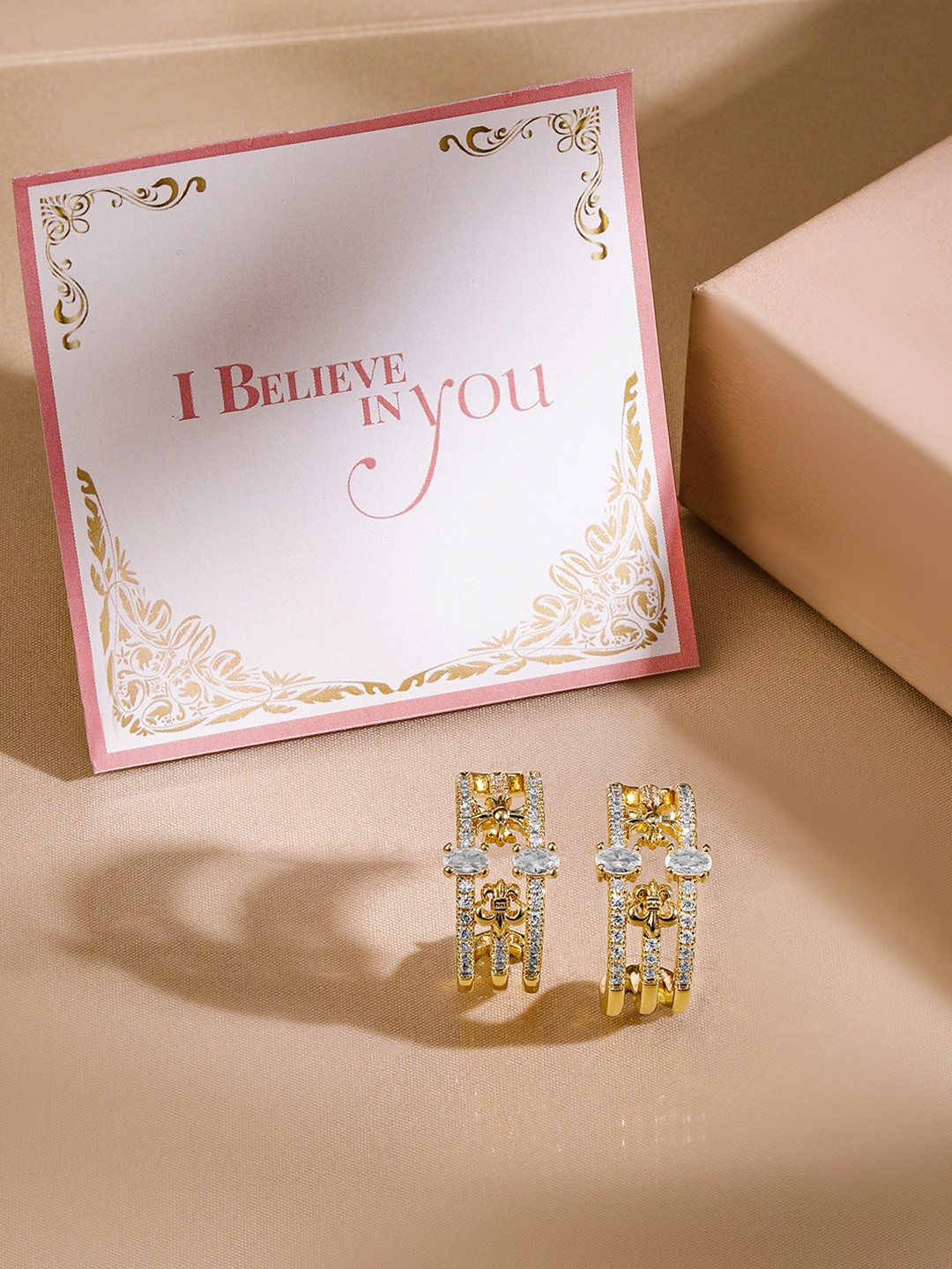 

Rubans Valentine's 22K Gold Plated Cubic Zirconia Studded Floral Half Hoop Earrings
