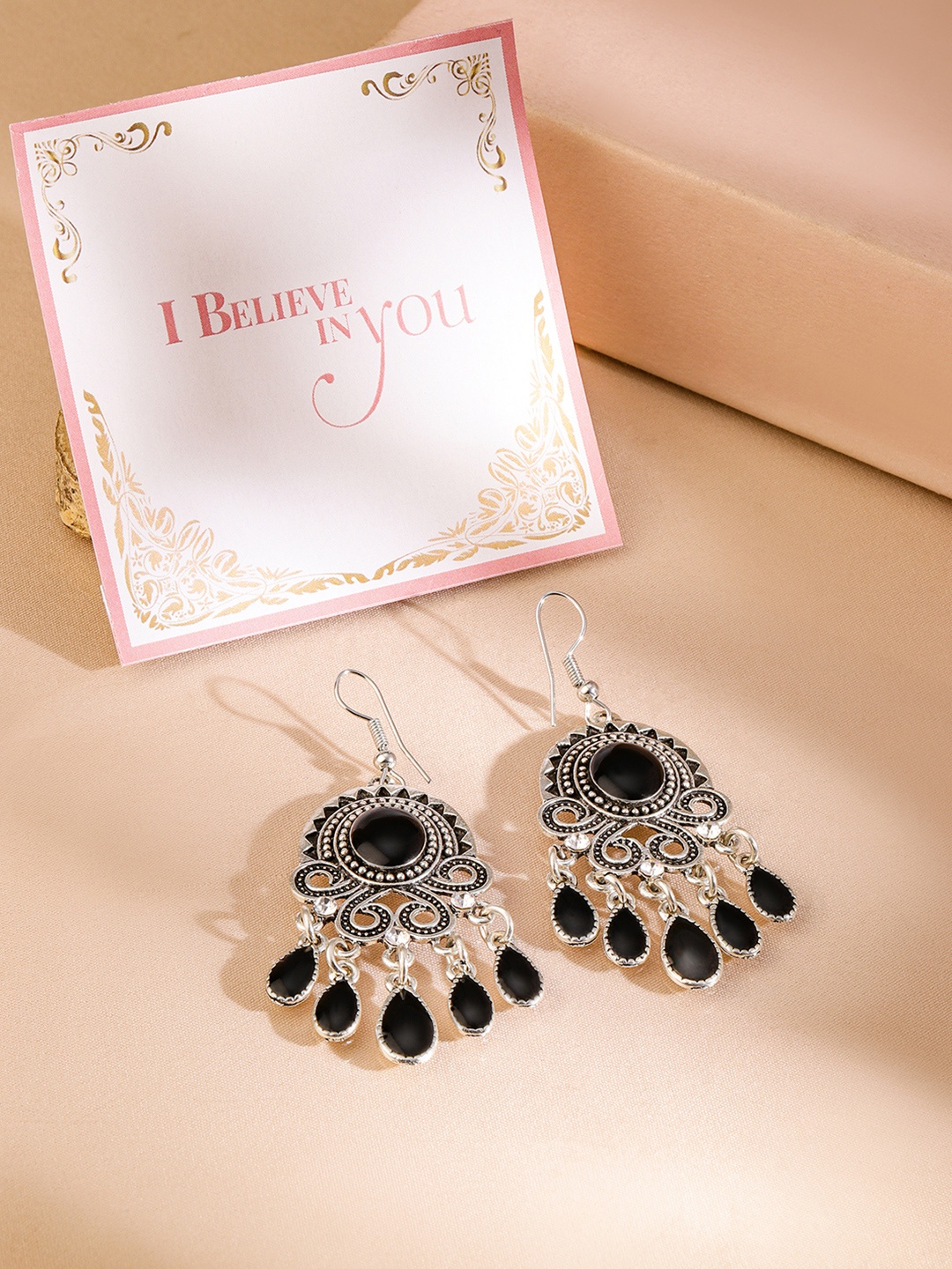 

Rubans Valentine's Women Silver-Toned & Black Classic Drop Earrings