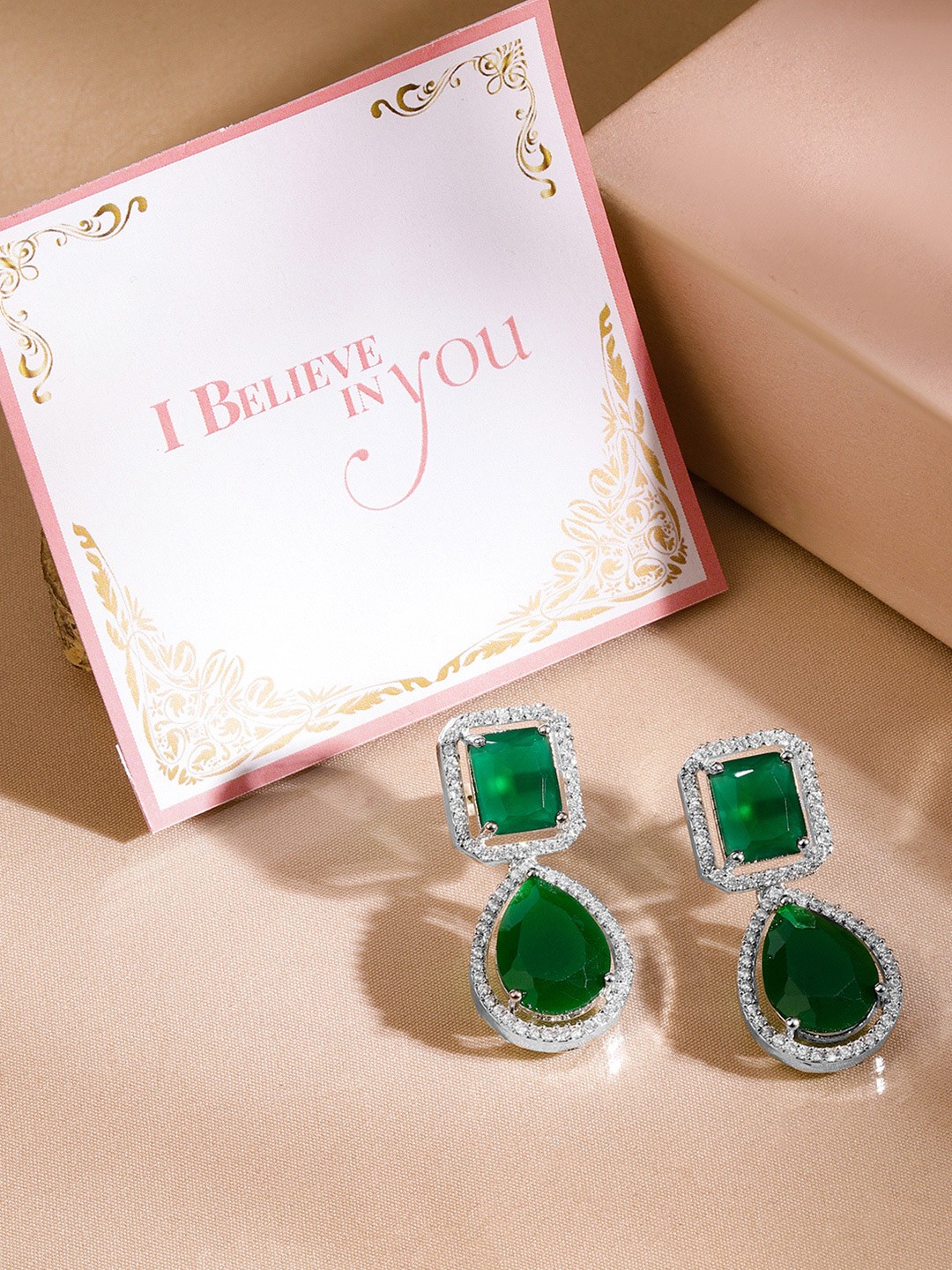 

Rubans Valentine's Rhodium-Plated Emerald Green & Cubic Zirconia Studded Drop Earrings, Silver