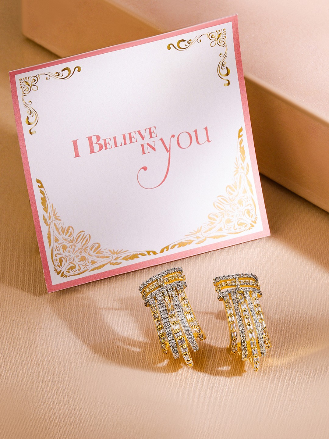

Rubans Valentine's 22 K Gold Plated Baguette Crystal Zirconia Demi-Fine Earrings