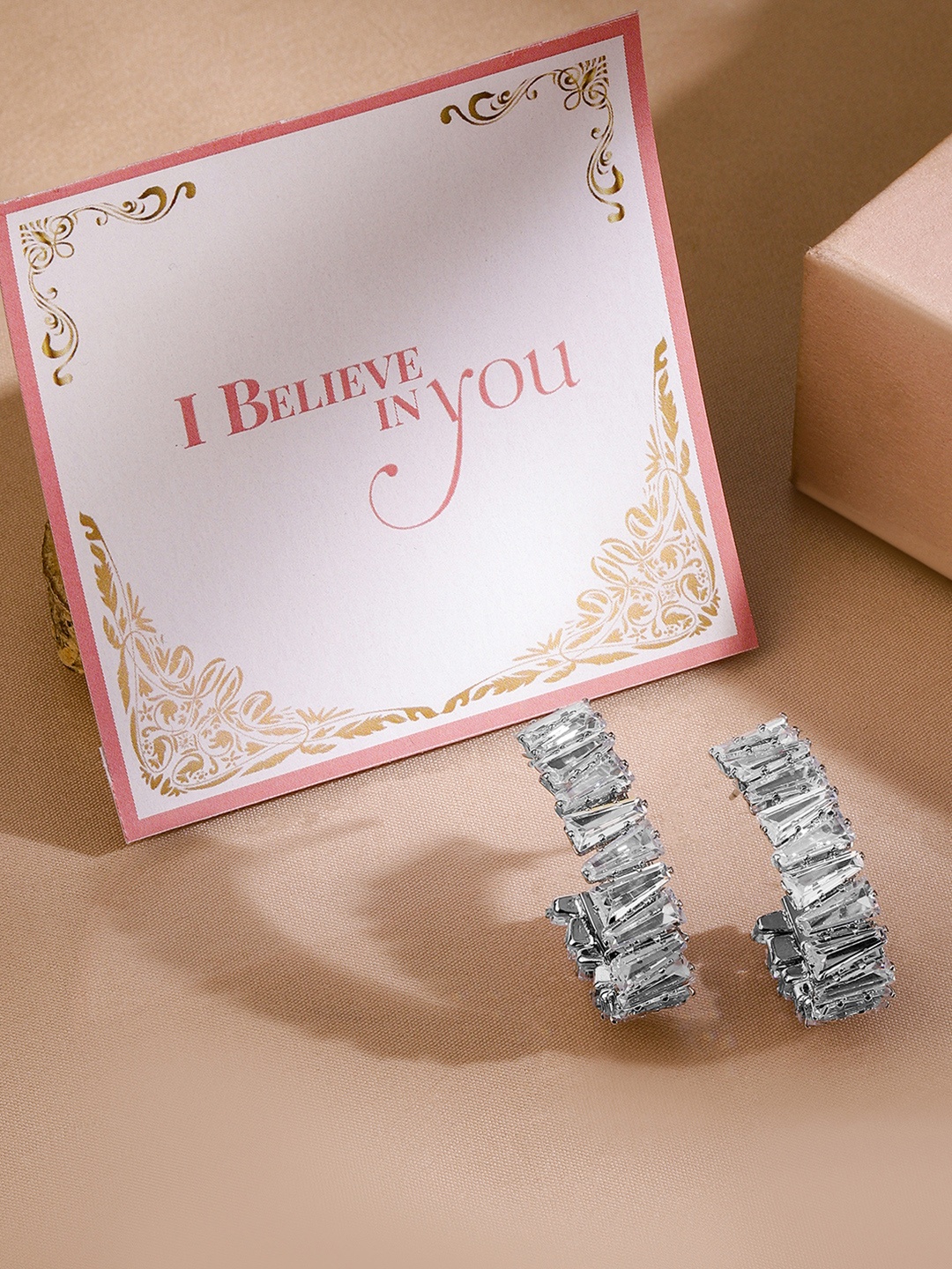 

Rubans Valentine's Rhodium Plated Brass Cubic Zirconia Studded Classic Hoop Earrings, Silver