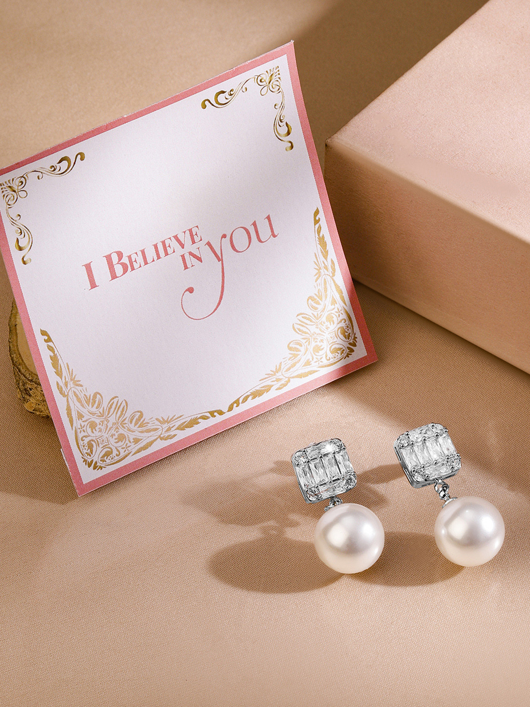 

Rubans Valentine's Rhodium Plated Pearl & Cubic Zirconia Stone Square Shaped Drop Earrings, White