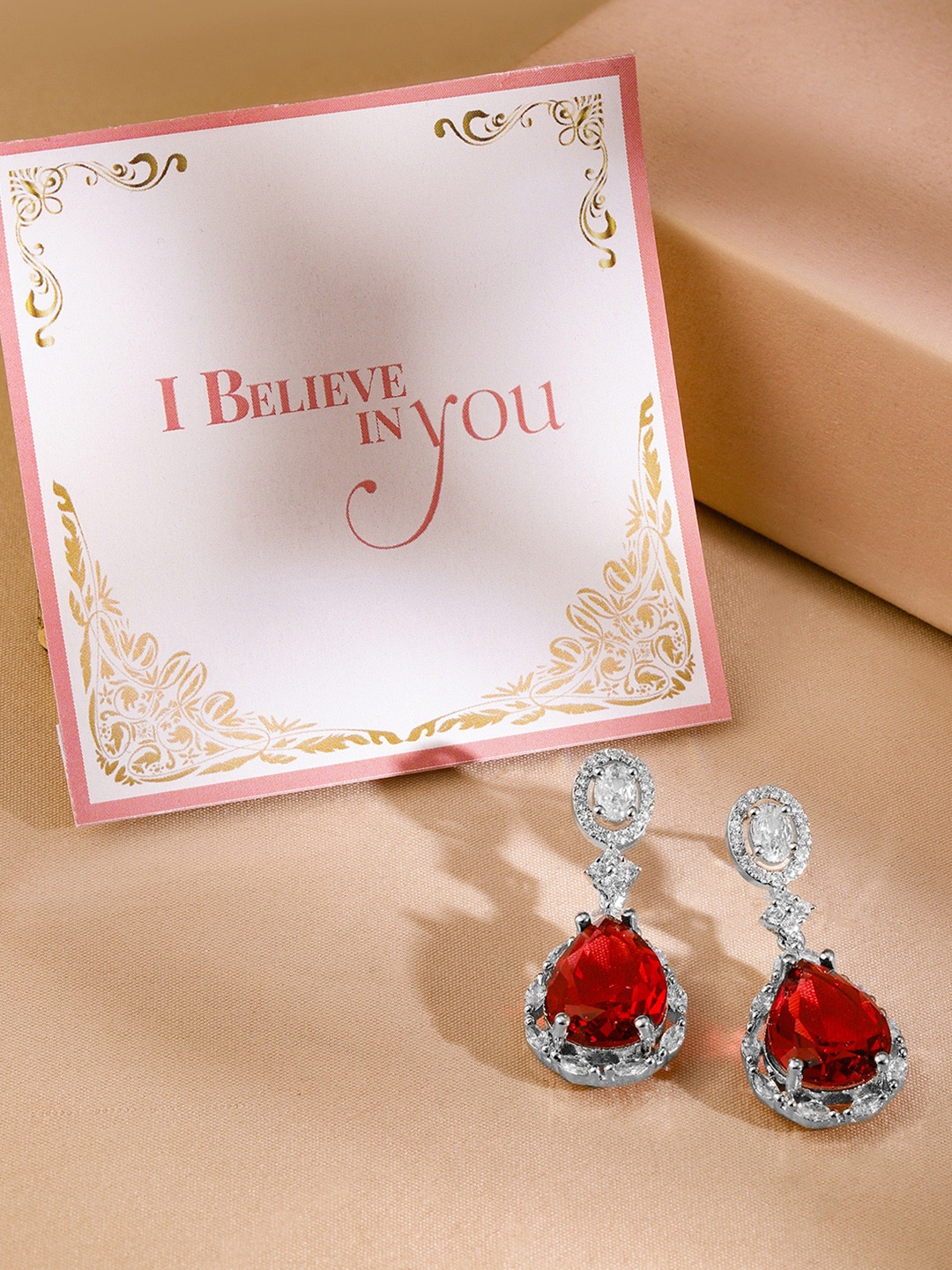 

Rubans Valentine's Rhodium Plated Ruby Studded Zirconia Teardrop Earrings, Silver
