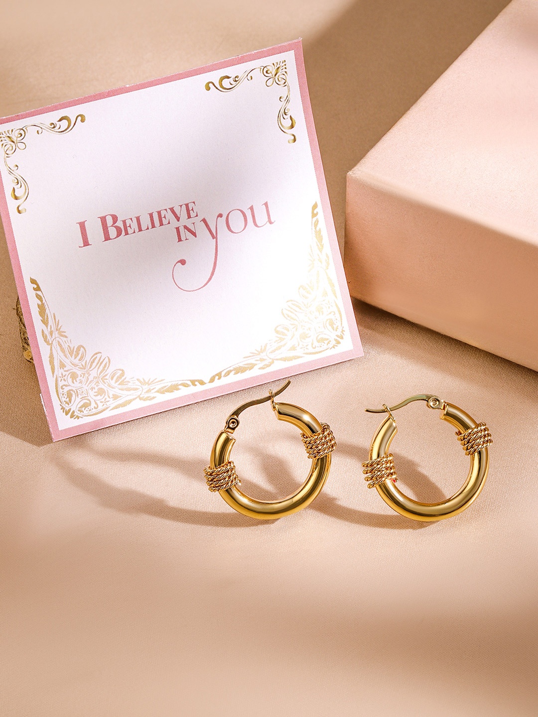 

Rubans Valentine's 18 K Gold Plated Stainless Steel Tarnish Free Demi Fine Hoop Earrings