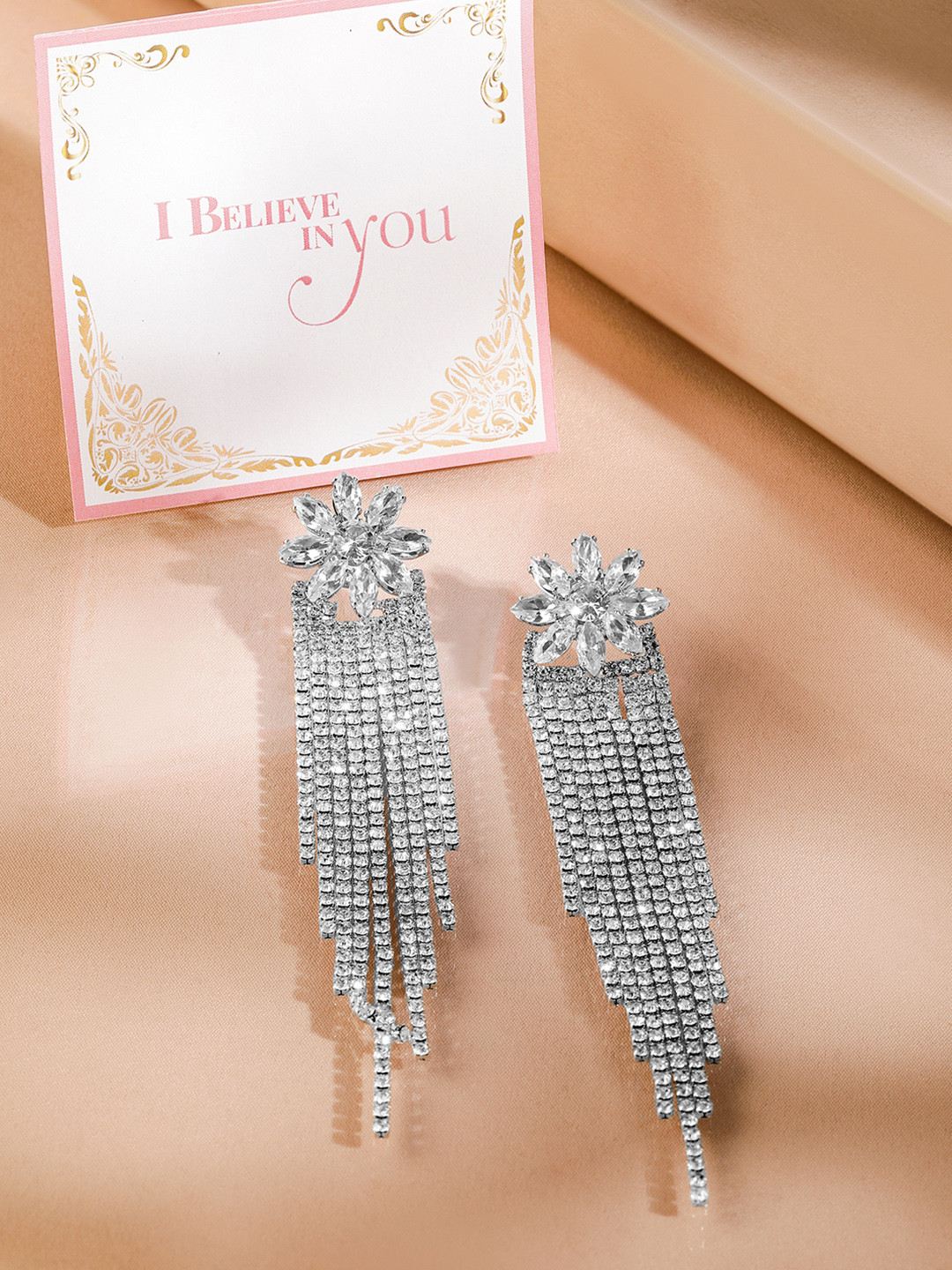 

Rubans Valentine's Rhodium Plated Cubic Zirconia Stone Floral Shaped Drop Earrings, Silver