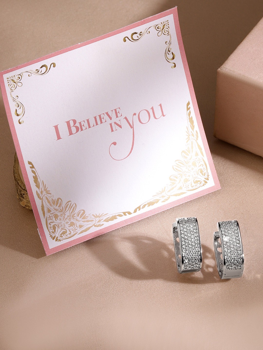 

Rubans Valentine's Rhodium Plated Tarnish-Free Waterproof Zirconia Studded Hoop Earrings, Silver