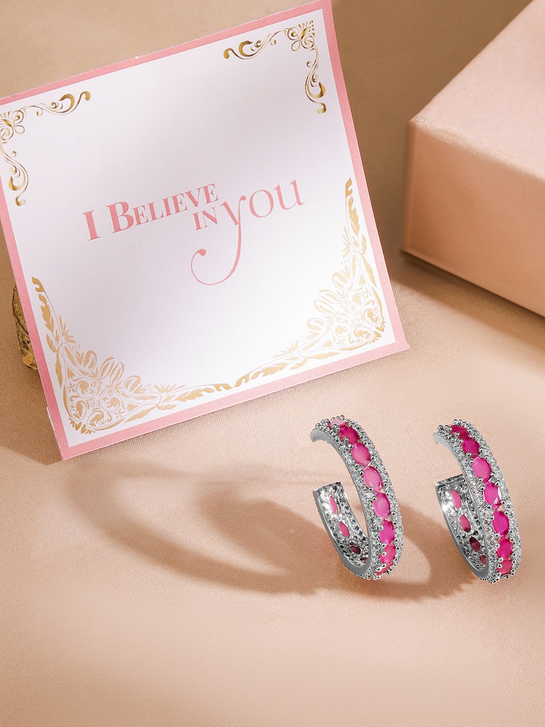 

Rubans Valentine's Rhodium Plated Pink Gemstones and Crystal CZDemi Fine Hoop Earrings, Silver