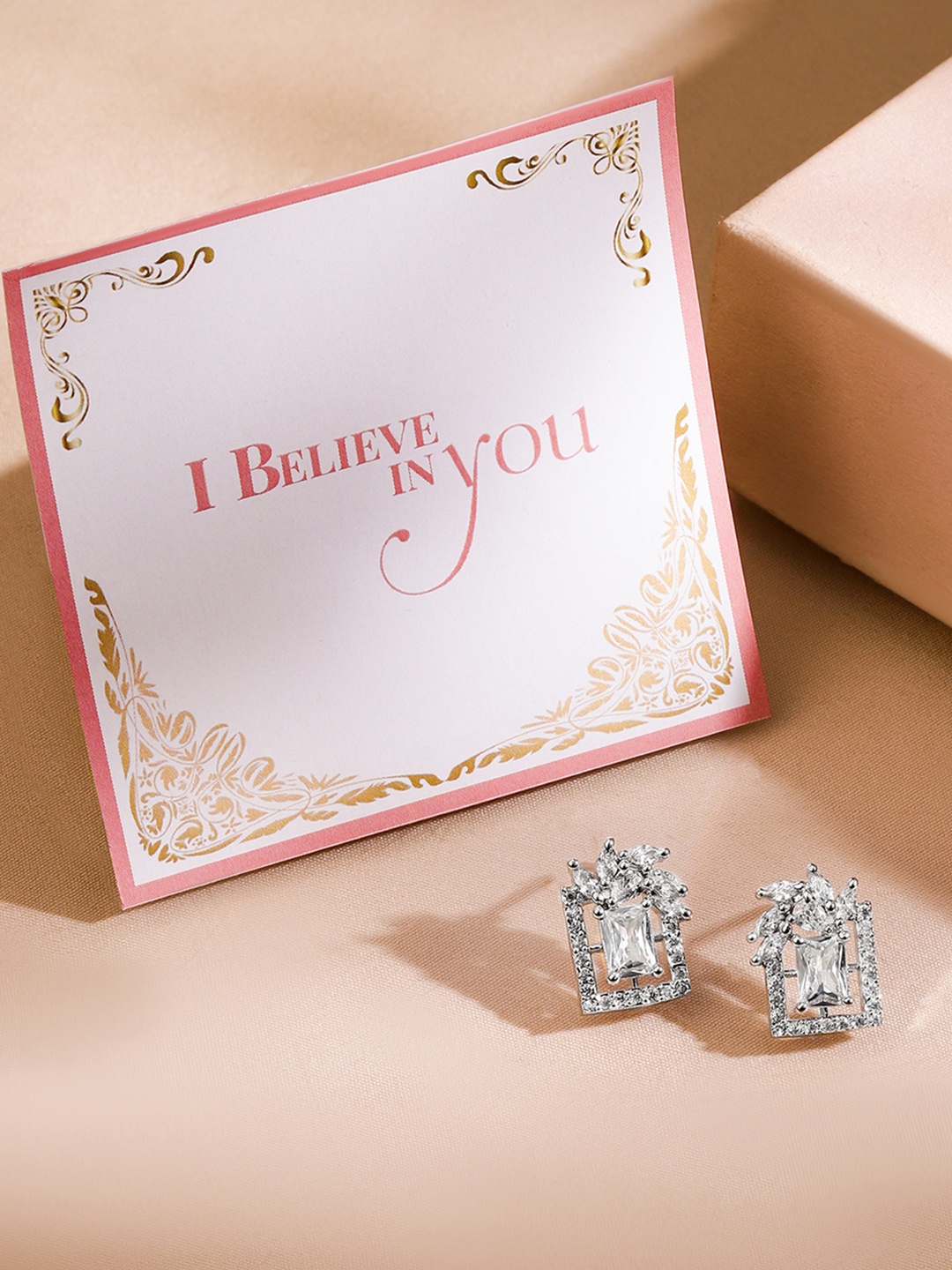 

Rubans Valentine's Rhodium Plated White Cubic Zirconia Studded Stud Earrings, Silver