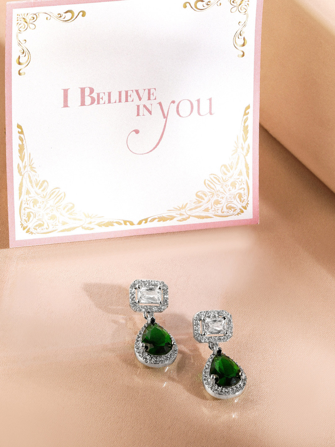 

Rubans Valentine's Rhodium Plated Crystal Emerald & Cubic Zirconia Studded Drop Earrings, Silver