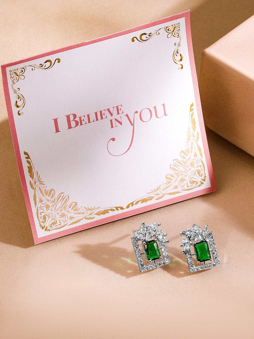 

Rubans Valentine's Rhodium-Plated Emerald & Cubic Zirconia Statement Stud Earrings, Silver