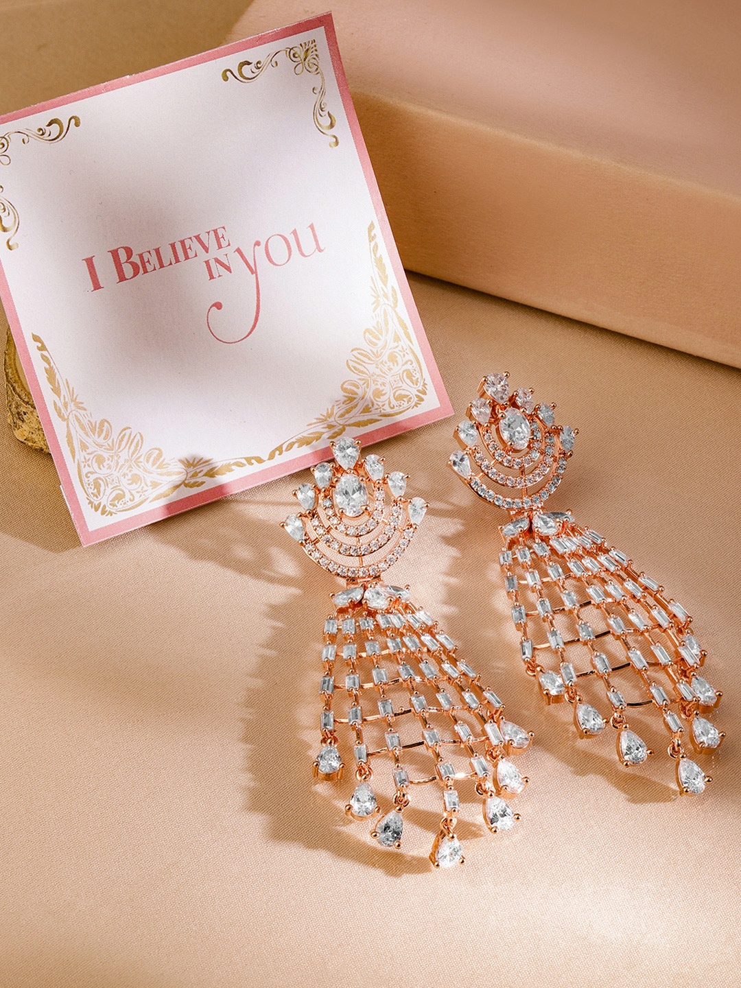 

Rubans Valentine's Rose Gold Plated Cubic Zirconia Floral Drop Earrings