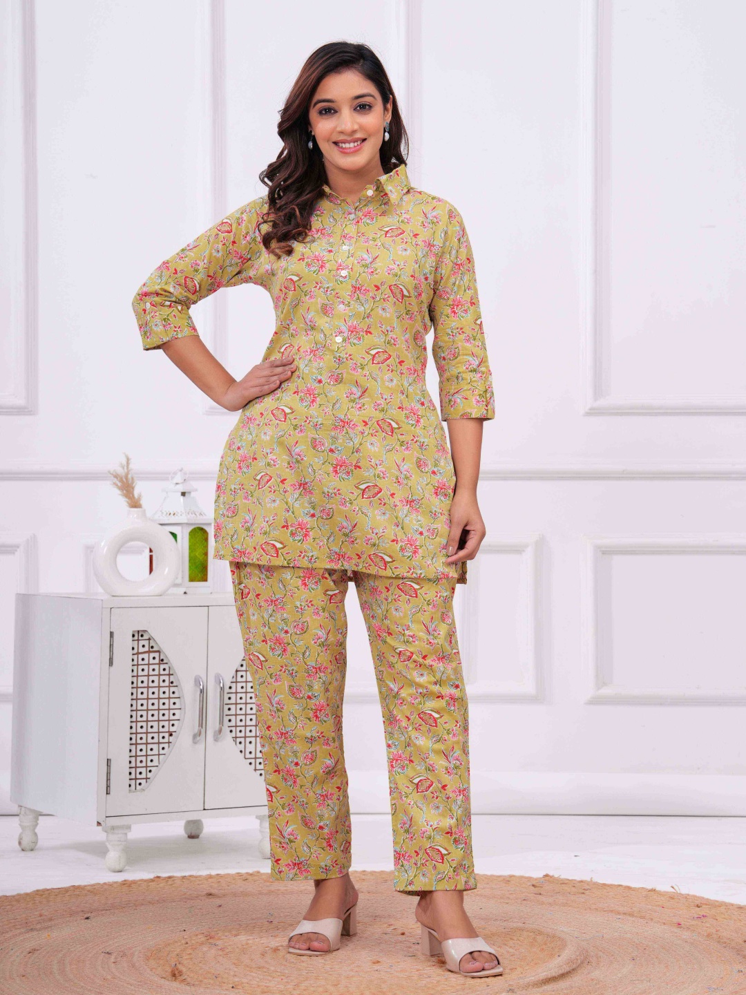 

mad fury Printed Shirt Collar Pure Cotton Tunic With Trouser, Beige
