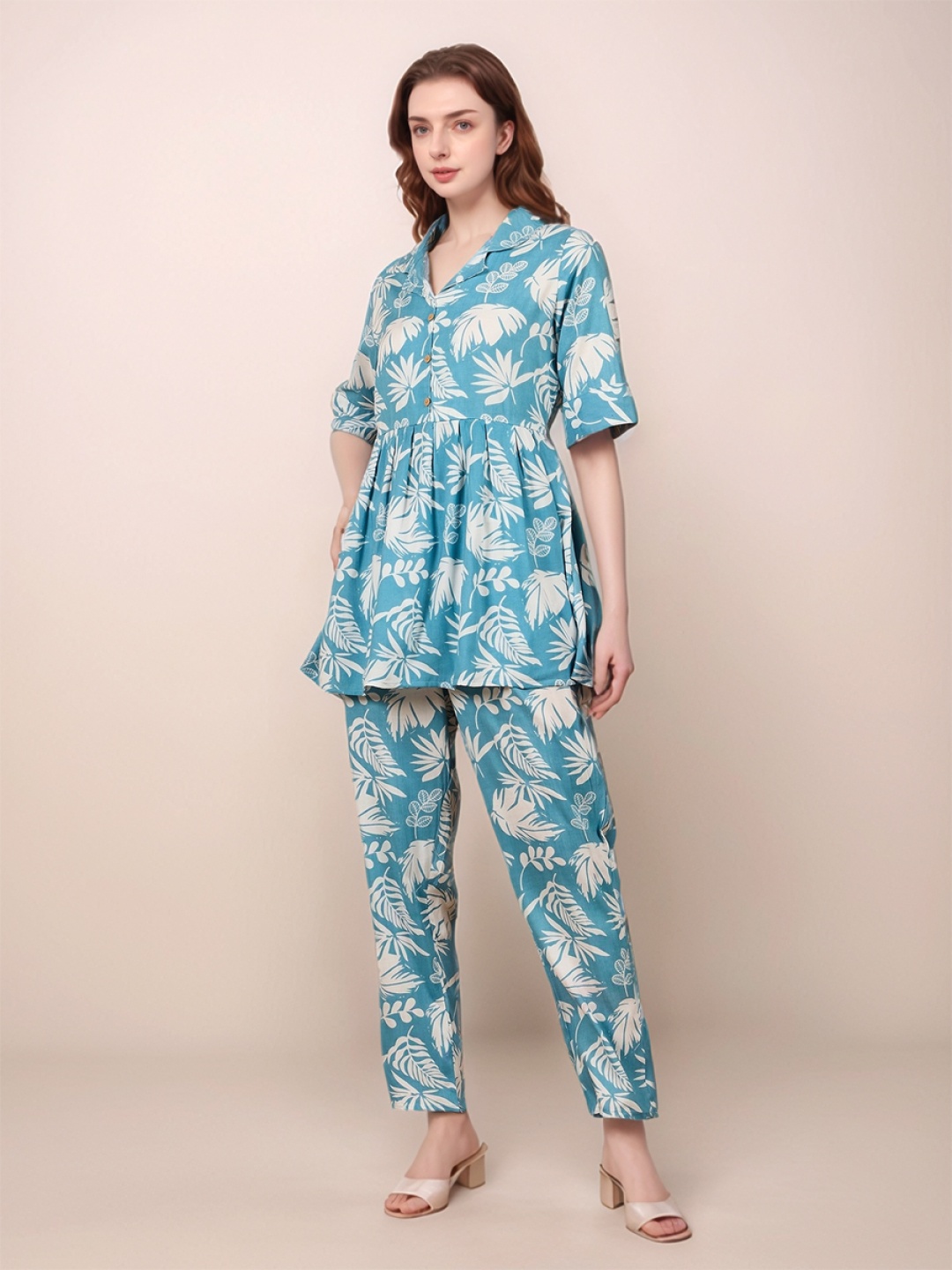 

BAESD Floral Printed Pure Cotton Shirt Collar Tunic With Trouser, Blue