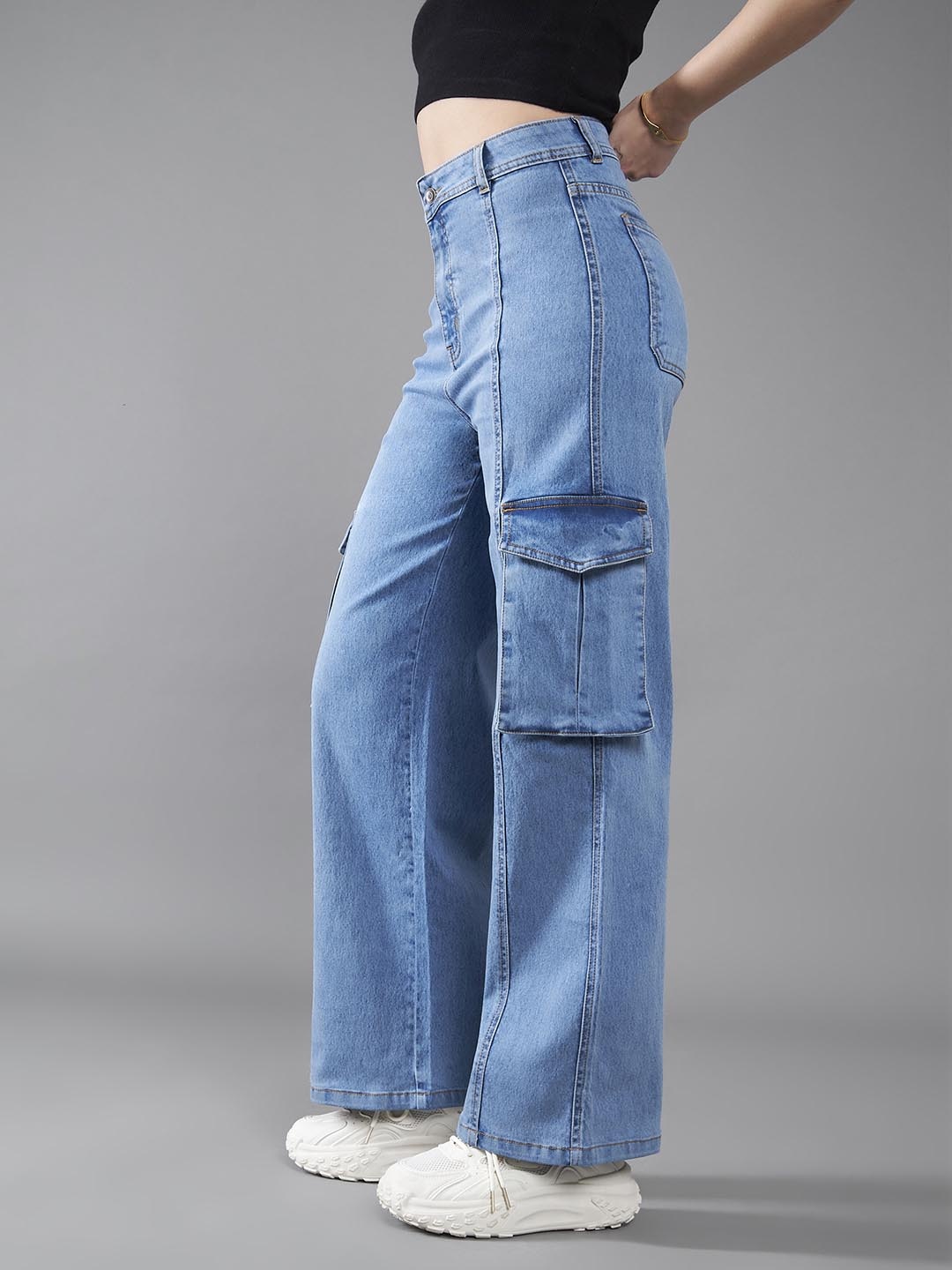 

DOLCE CRUDO Women Wide Leg High-Rise Stretchable Jeans, Blue