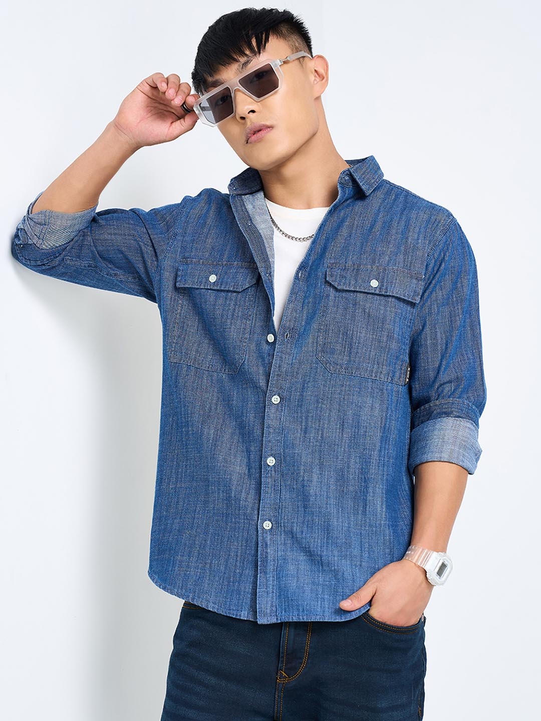 

SF JEANS by Pantaloons Men Slim Fit Spread Collar Solid Cotton Casual Shirt, Blue