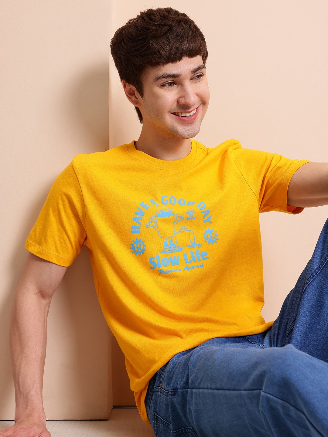 

Mast & Harbour Typography Printed Pure Cotton T-shirt, Yellow