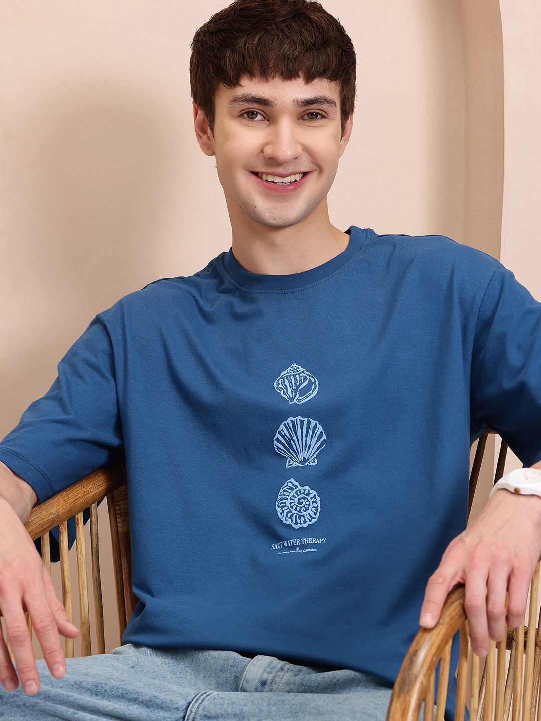 

Mast & Harbour Men Printed Drop-Shoulder Sleeves Pure Cotton T-shirt, Blue