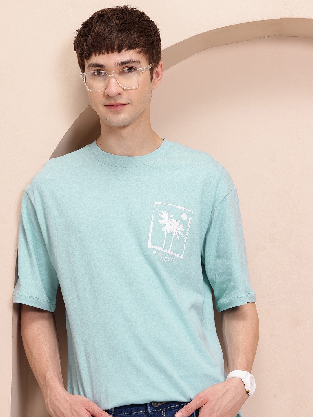 

Mast & Harbour Men Drop-Shoulder Sleeves Tropical Pure Cotton T-shirt, Blue